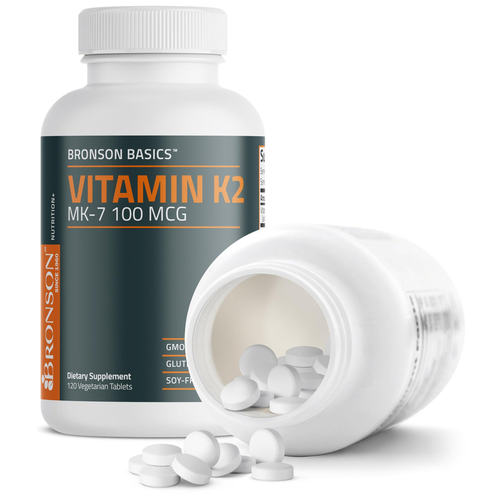 Bronson Vitamin K2 MK-7 icons emphasize non-GMO, gluten-free, and soy-free features.
