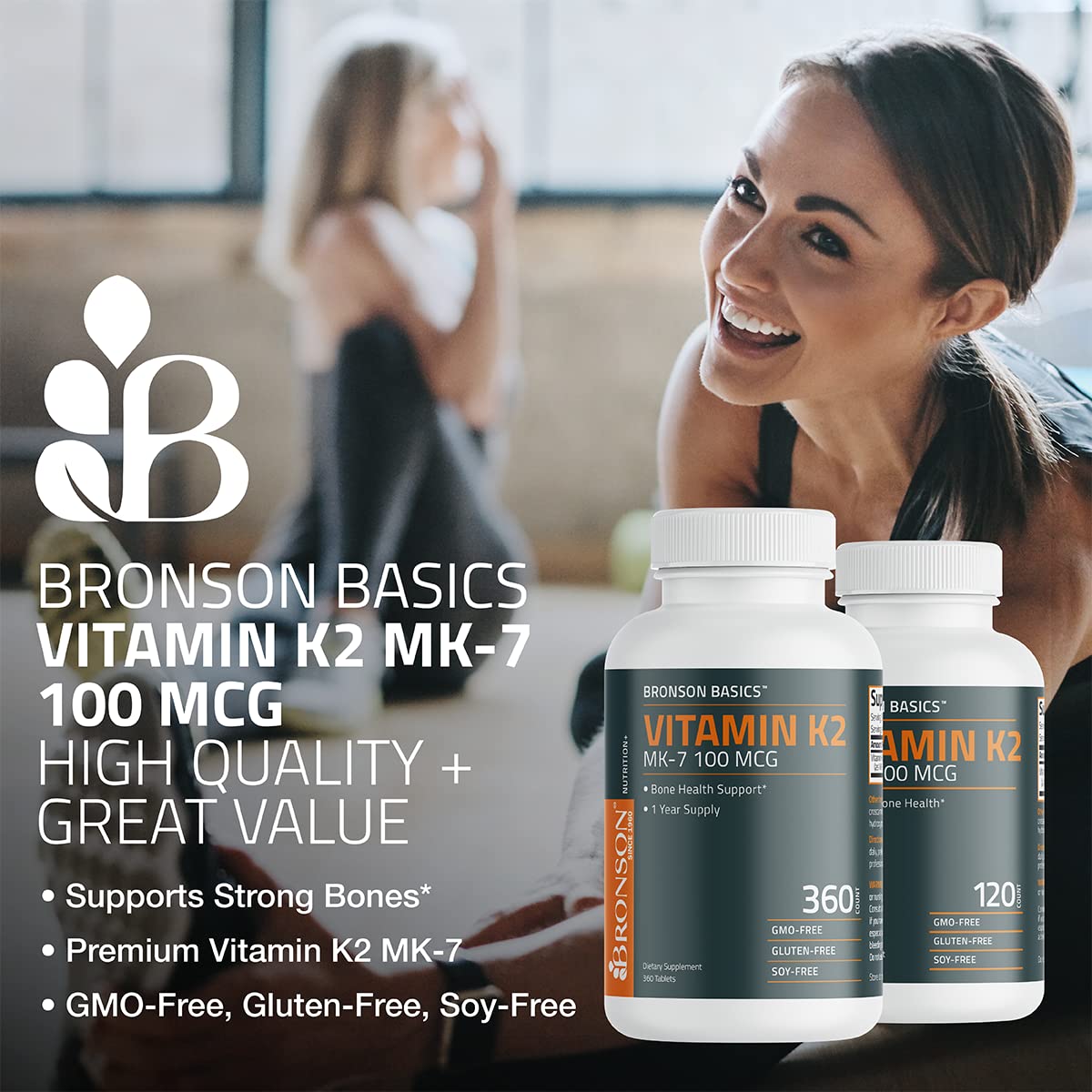 Bronson Vitamin K2 MK-7 tablets side view for daily use.