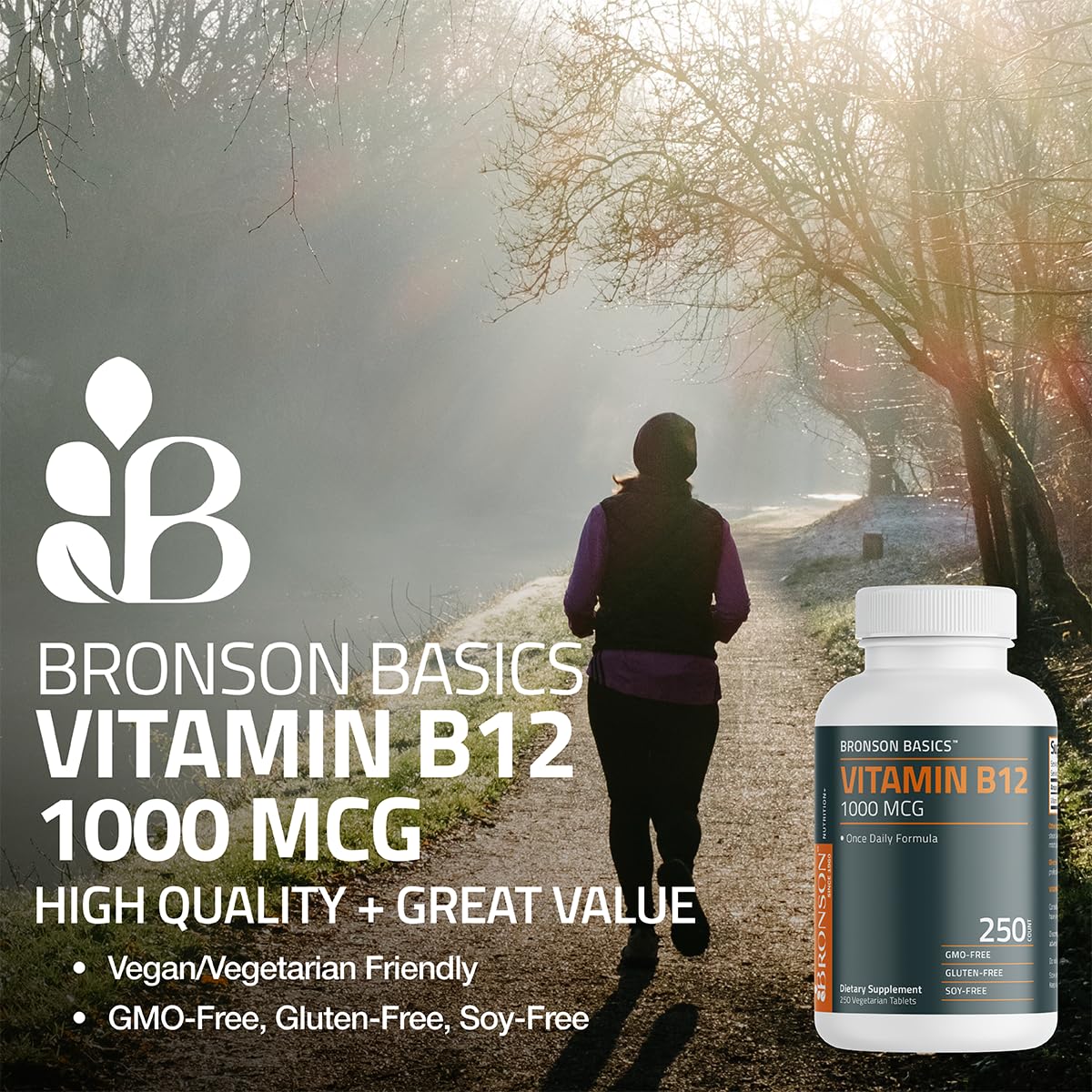 Bronson Vitamina B12 1000 mcg, etiqueta clara para ver dosis fácilmente.