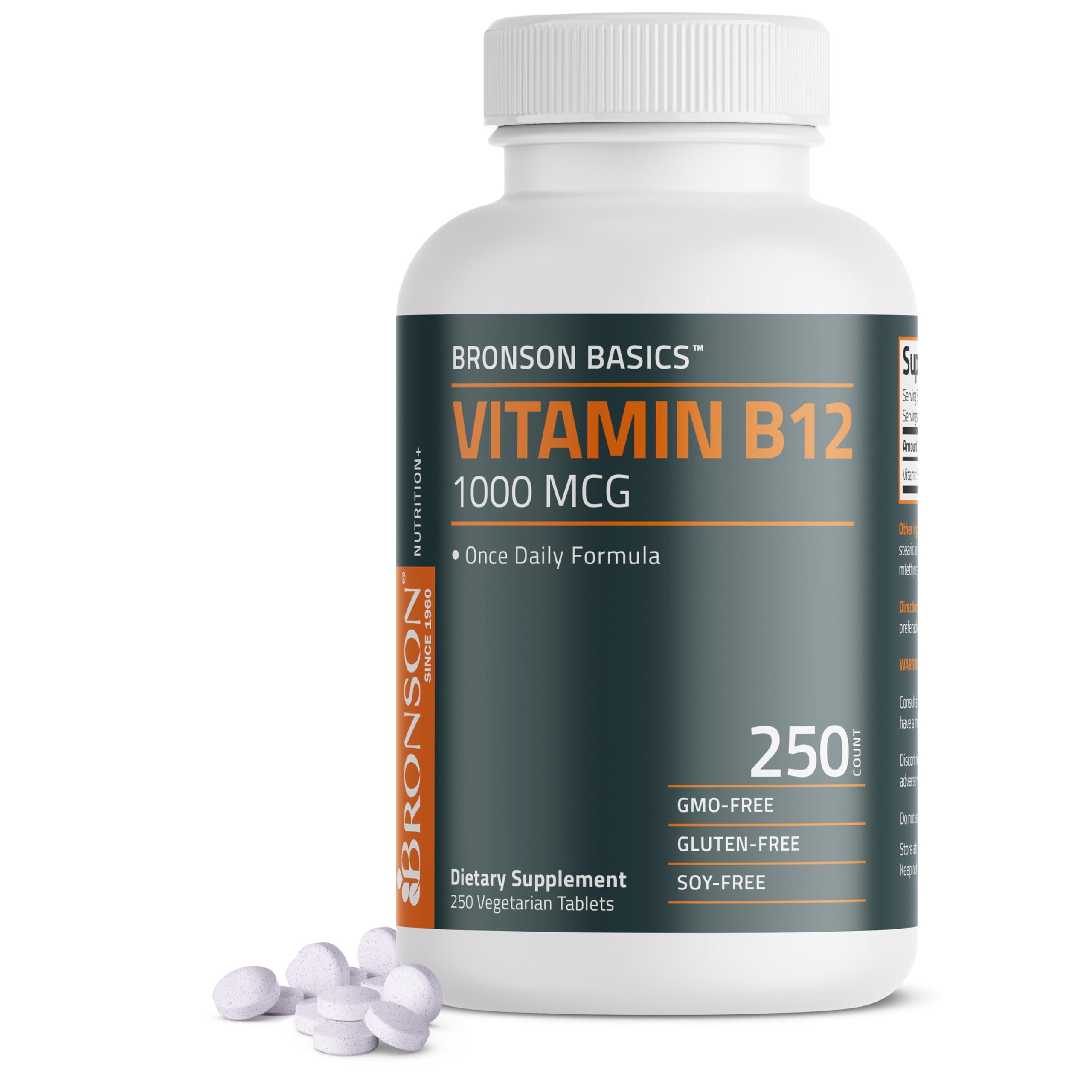 Bronson Vitamina B12 1000 mcg, tabletas vegetarianas para un impulso diario de energía.