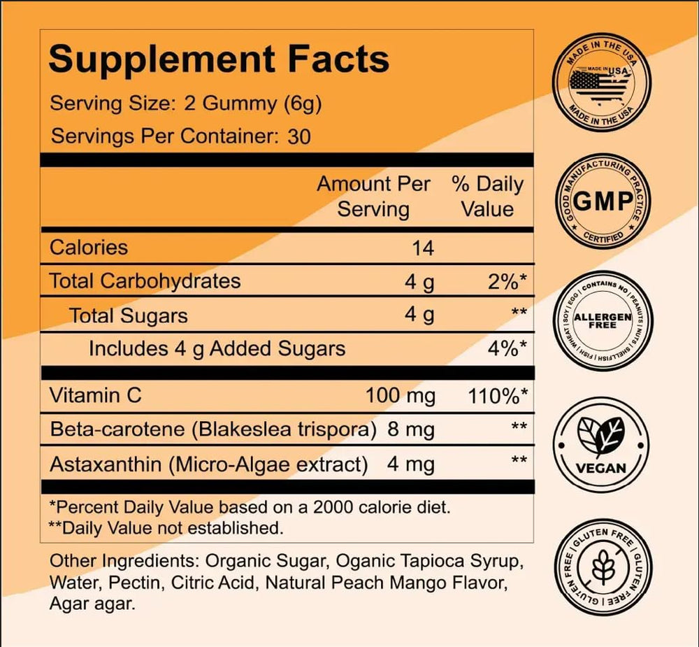 Bronze Bites gummies close-up highlighting beta carotene for natural-looking color