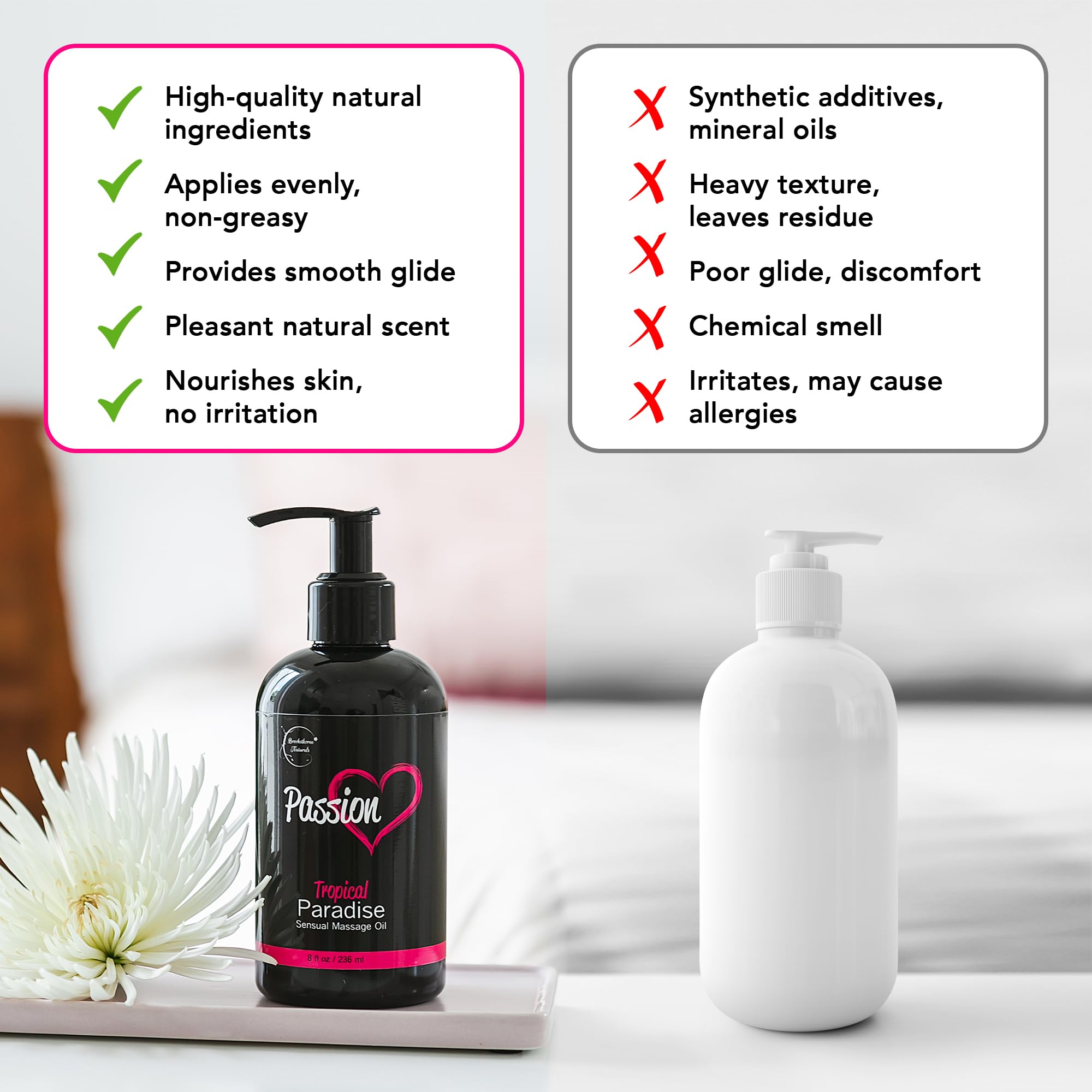 Brookethorne Naturals Passion Massage Oil supports relaxing aromatherapy mood.