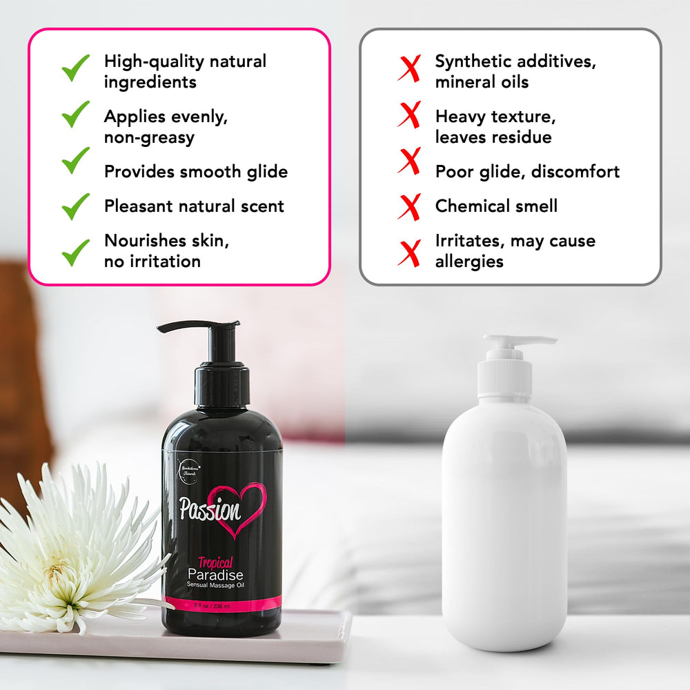 Brookethorne Naturals Passion Massage Oil supports relaxing aromatherapy mood.