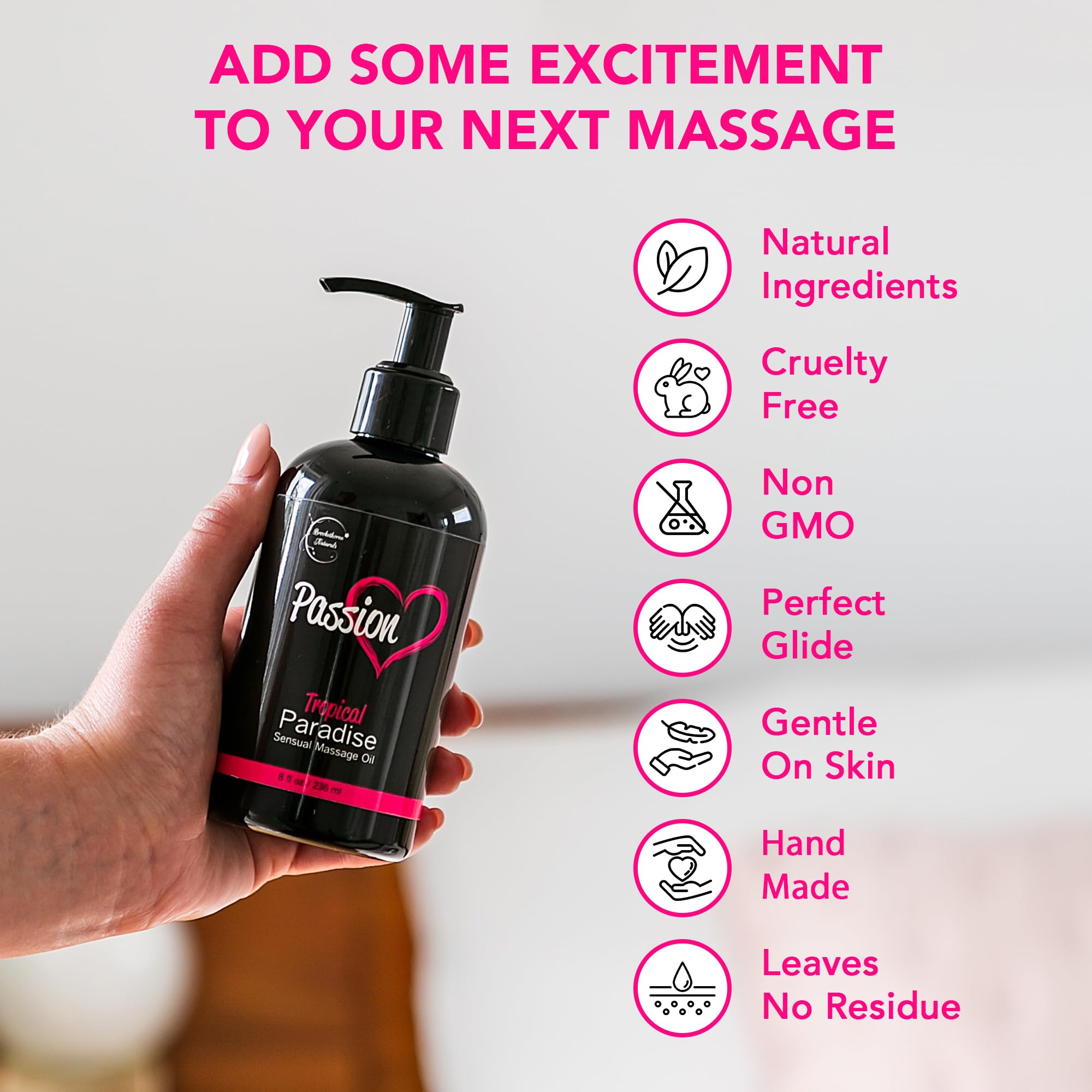 Brookethorne Naturals Passion Massage Oil versatile for deep tissue massages.