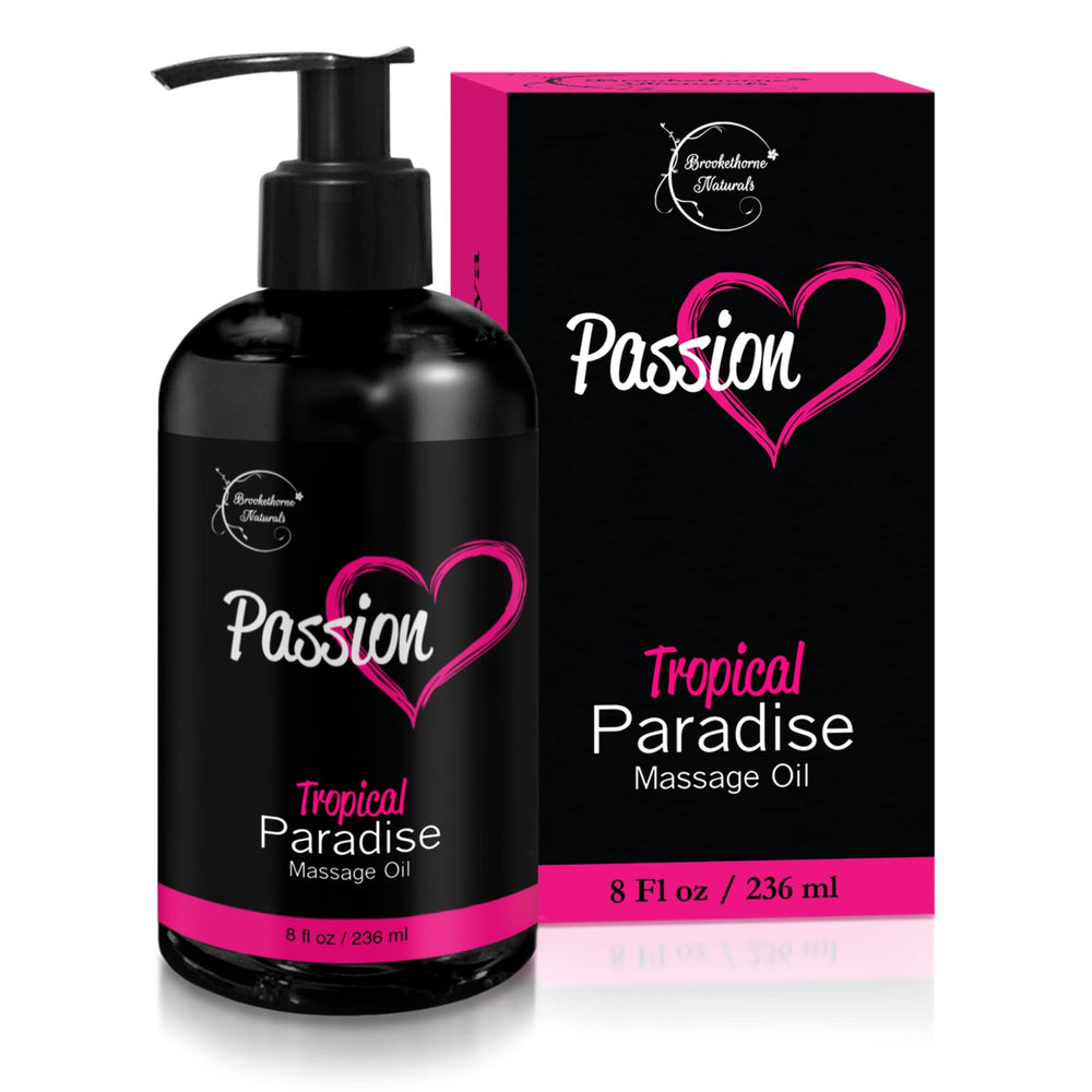 Brookethorne Naturals Passion Massage Oil tropical scent enhances date night atmosphere.