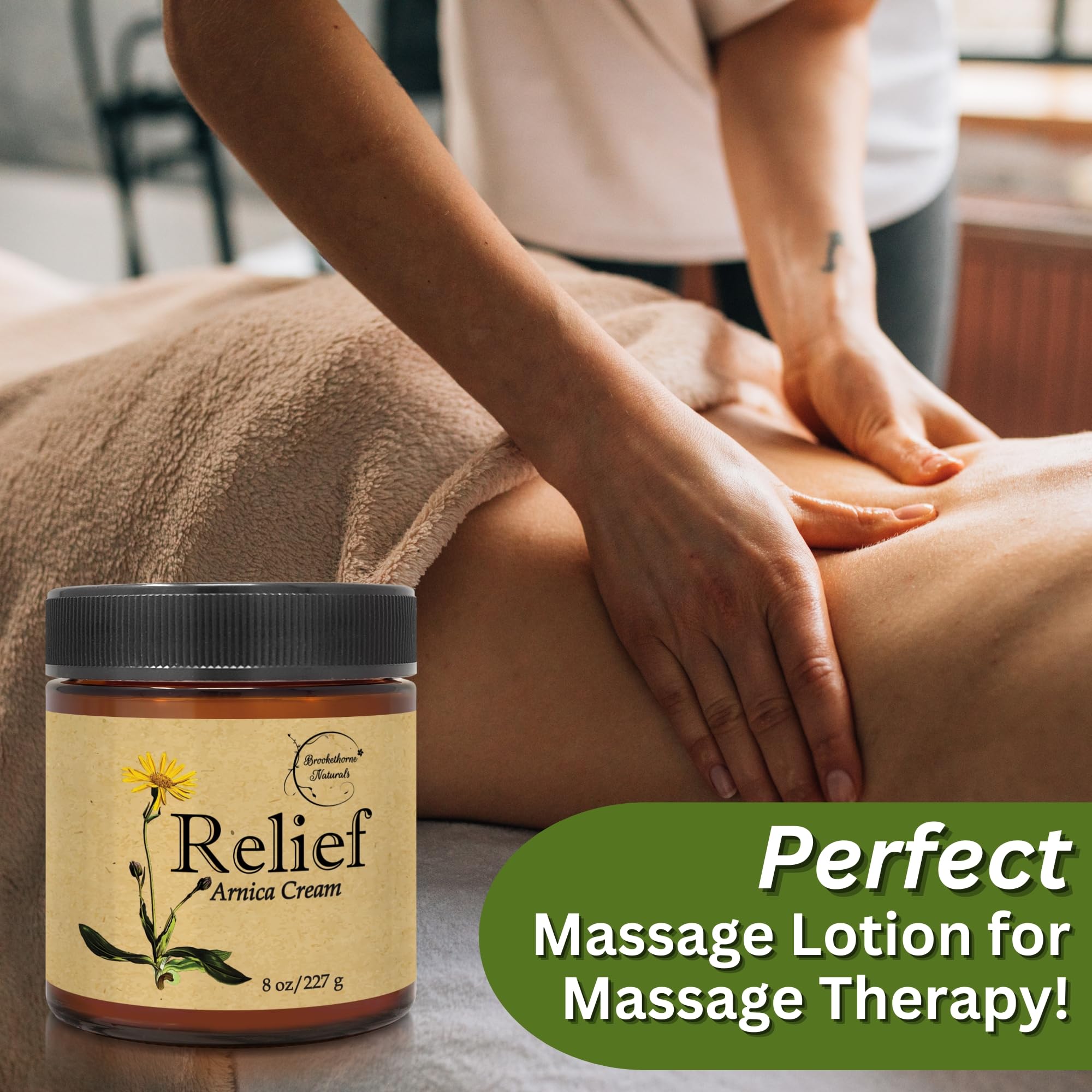 Brookethorne Naturals Relief Arnica Cream after-workout application suggests relief potential for sore muscles.