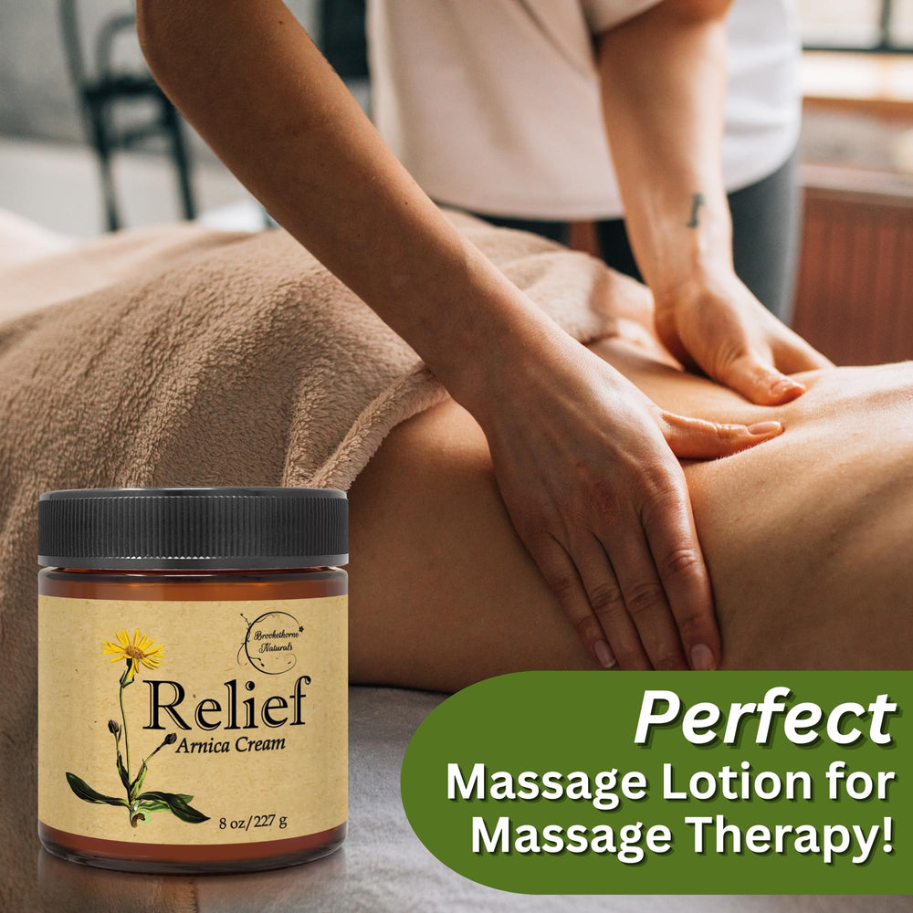Brookethorne Naturals Relief Arnica Cream after-workout application suggests relief potential for sore muscles.