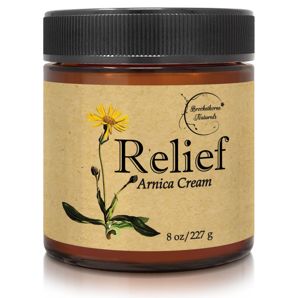 Brookethorne Naturals Relief Arnica Cream label highlights all-natural ingredients for soothing comfort.