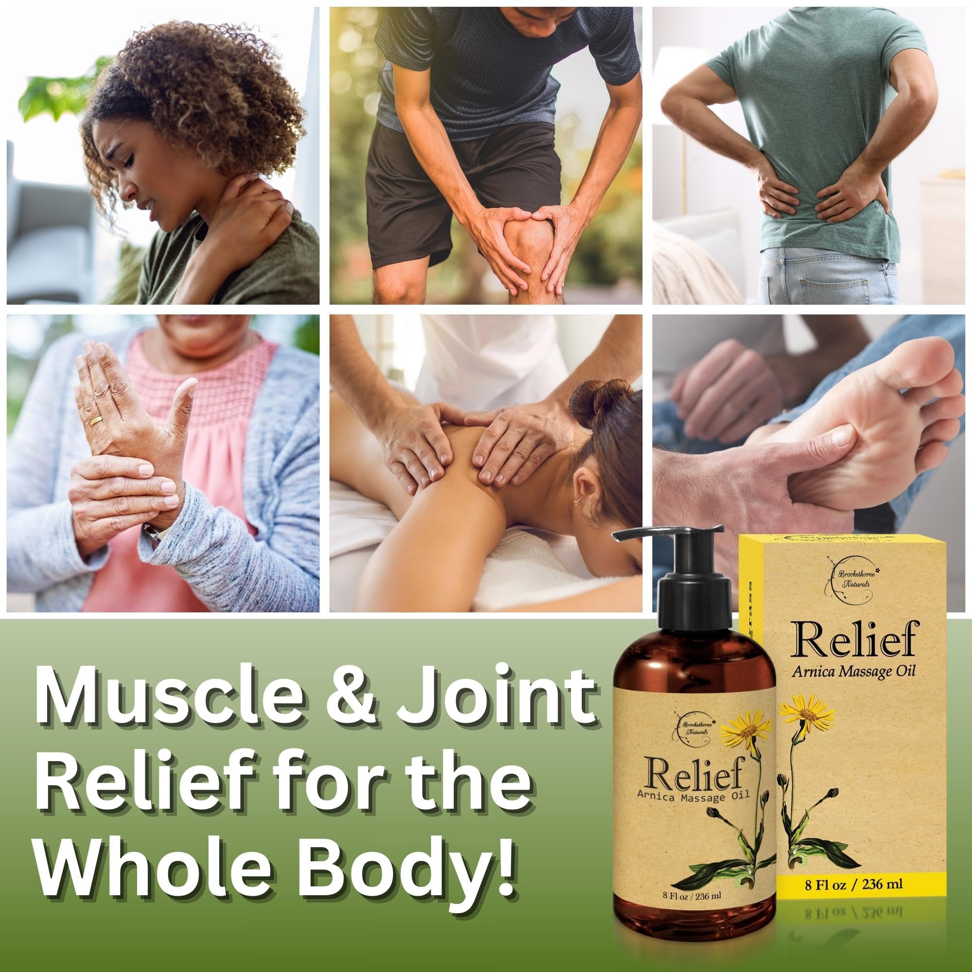 Brookethorne Naturals Relief Arnica Massage Oil being applied to leg muscles.