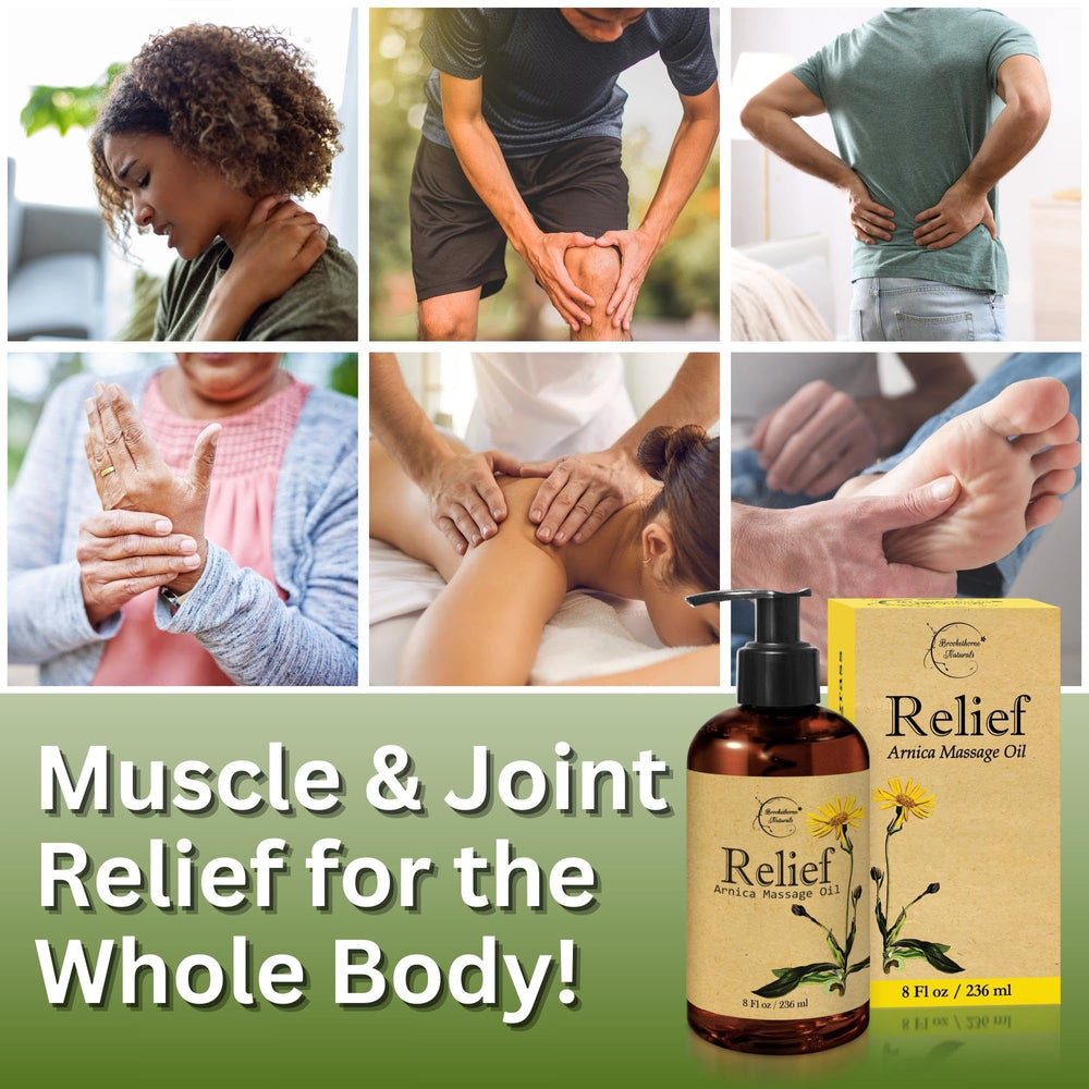 Brookethorne Naturals Relief Arnica Massage Oil being applied to leg muscles.