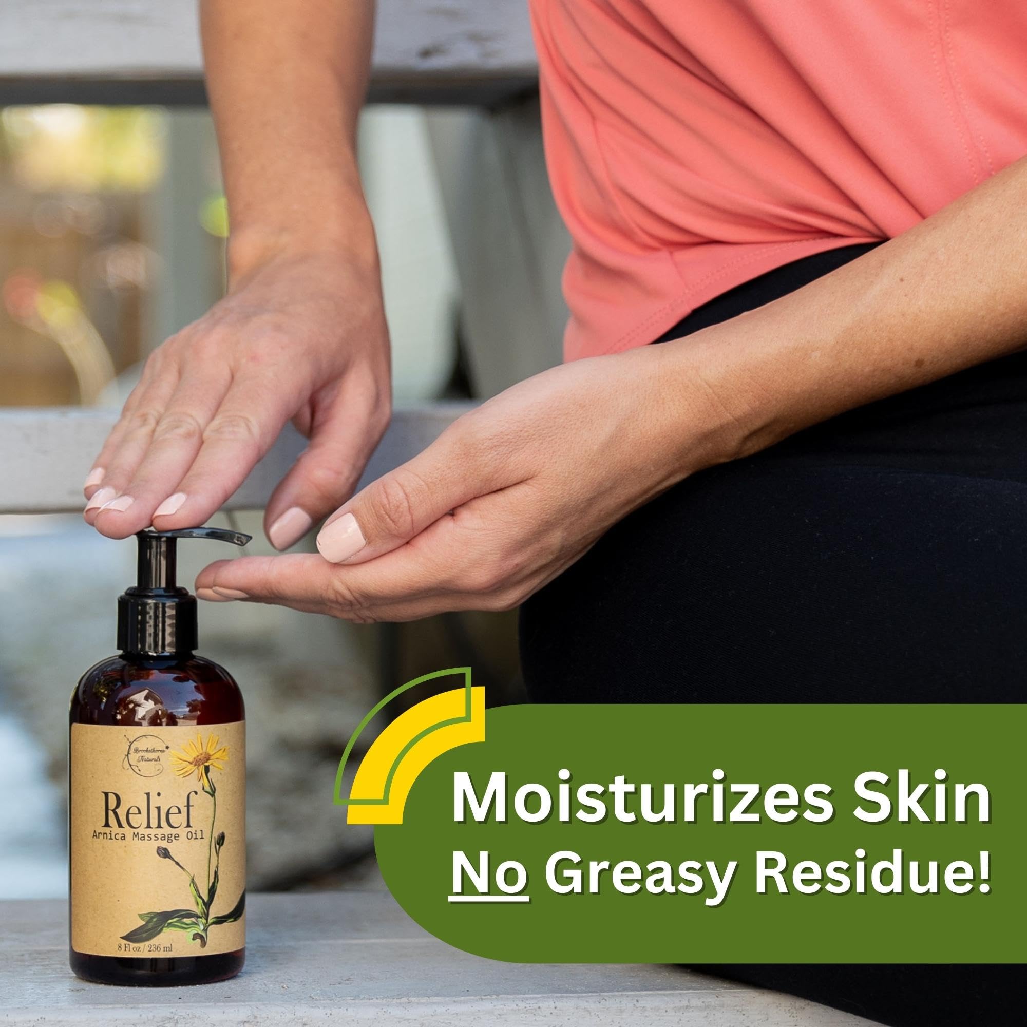Brookethorne Naturals Relief Arnica Massage Oil sits ready for athletic recovery.