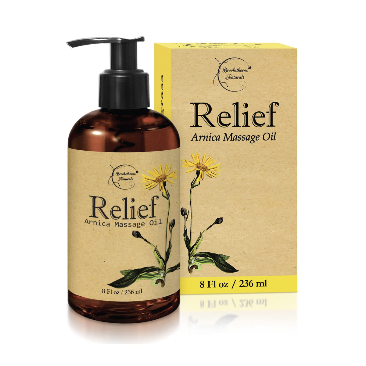 Brookethorne Naturals Relief Arnica Massage Oil bottle for post-workout muscle relief.