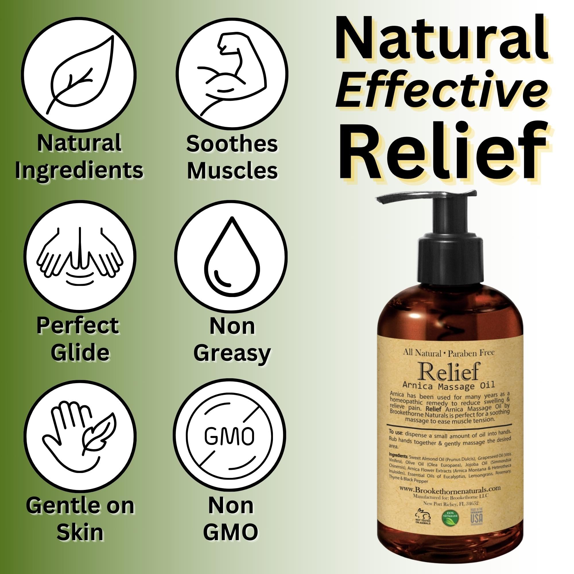 Brookethorne Naturals Relief Arnica Massage Oil ingredients list highlight.