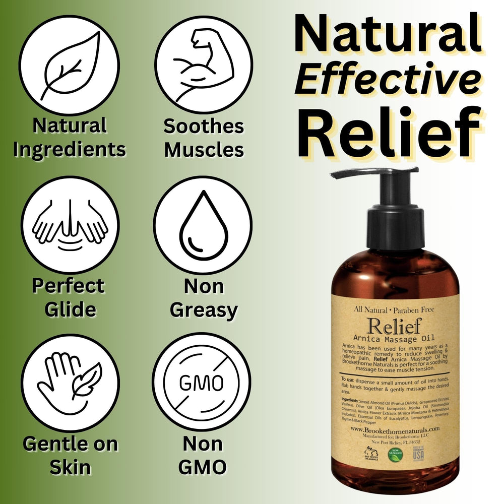 Brookethorne Naturals Relief Arnica Massage Oil ingredients list highlight.