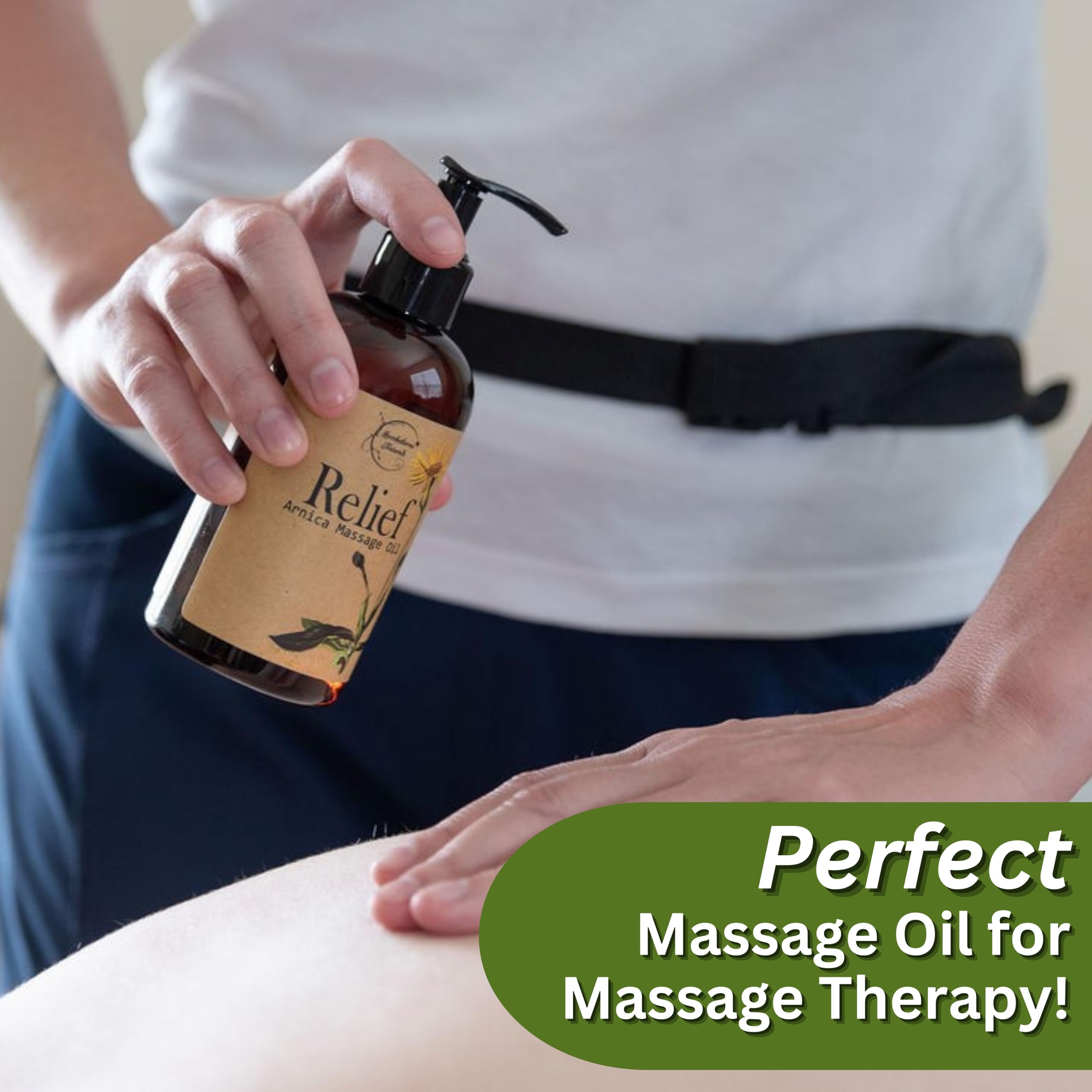 Brookethorne Naturals Relief Arnica Massage Oil being poured from the bottle.