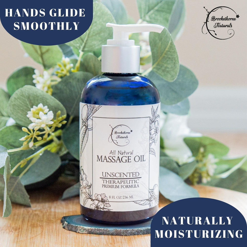 Brookethorne Naturals unscented massage oil glide on hands supports comfortable massage sessions.