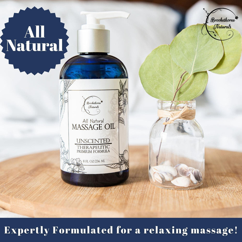 Brookethorne Naturals unscented massage oil with tools enhances therapy routines.