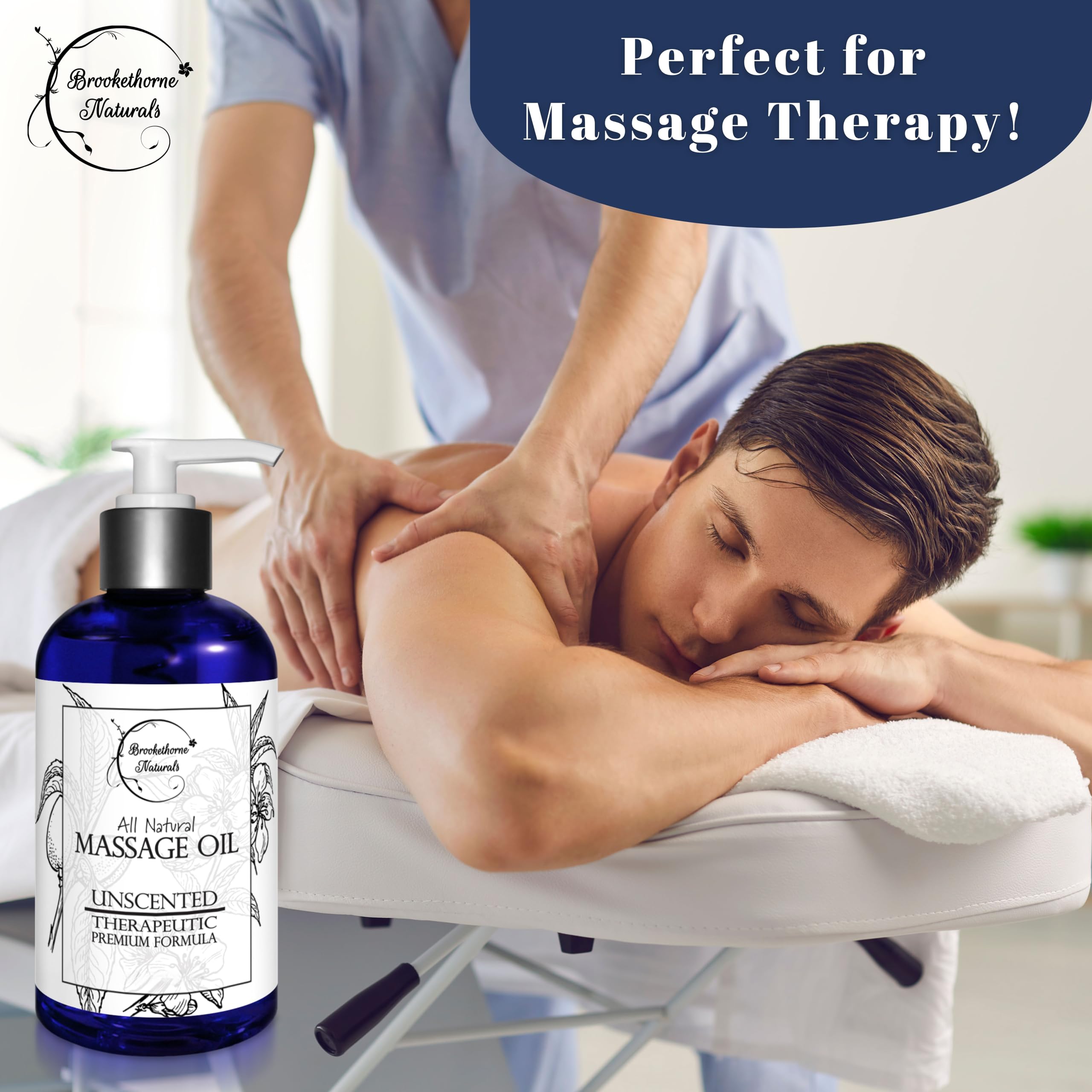 Brookethorne Naturals unscented massage oil label highlights natural ingredients and US made quality.