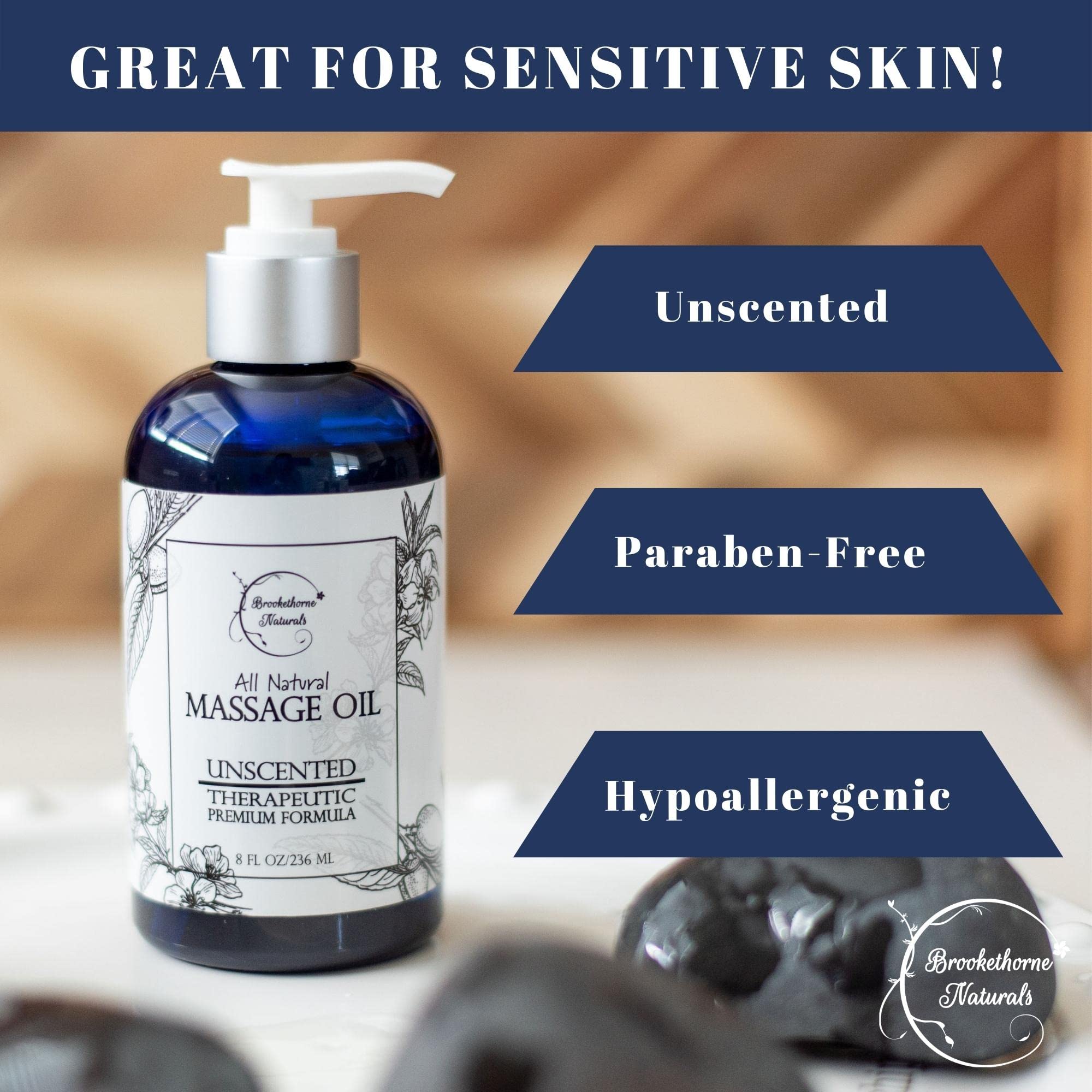 Brookethorne Naturals unscented massage oil pour demonstrates easy application for professional or home massages.