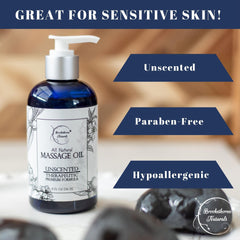Brookethorne Naturals unscented massage oil pour demonstrates easy application for professional or home massages.