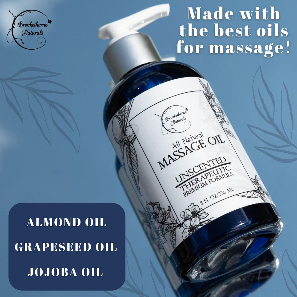 Brookethorne Naturals unscented massage oil on skin provides silky glide without added fragrance.