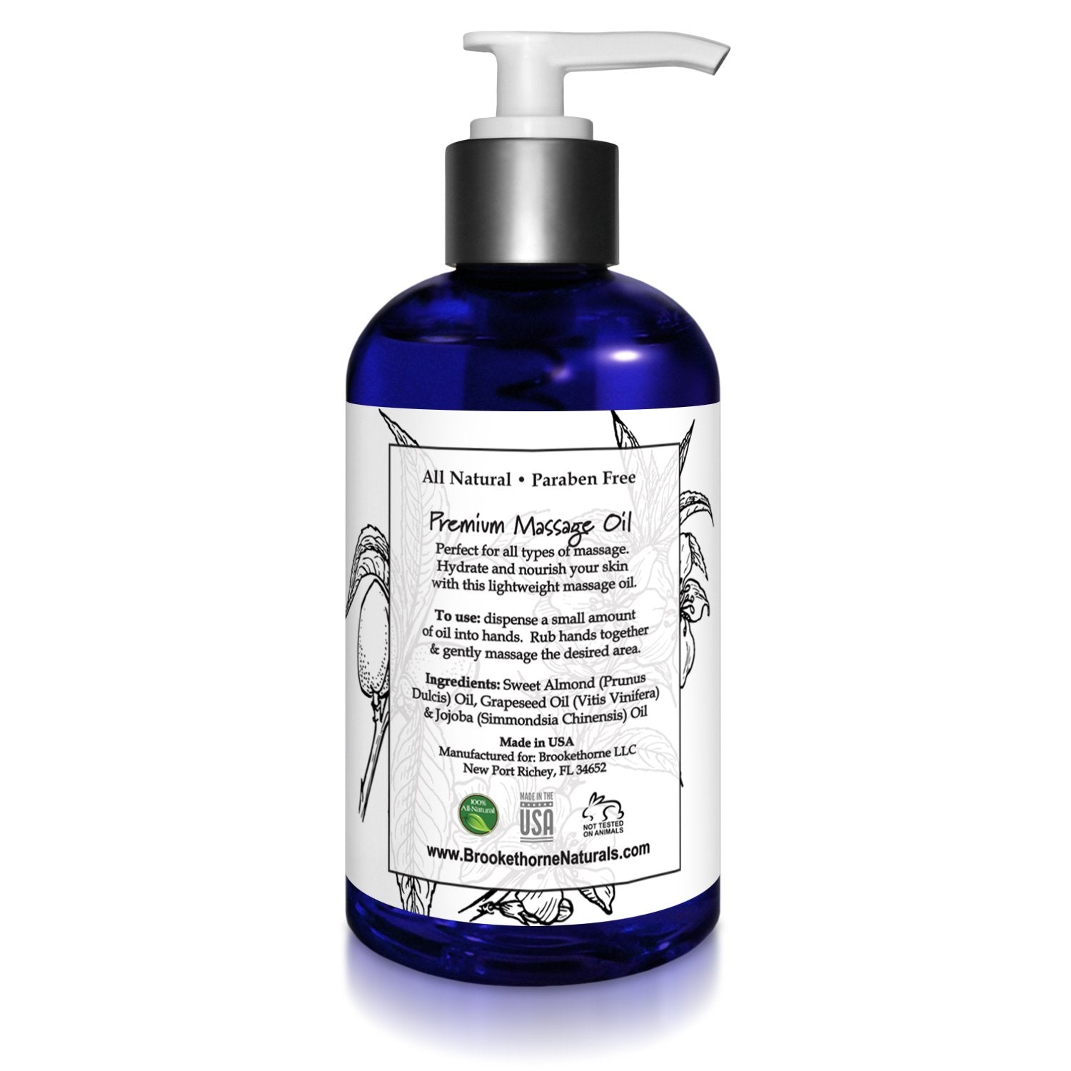 Brookethorne Naturals unscented massage oil container on bedside table for self care.