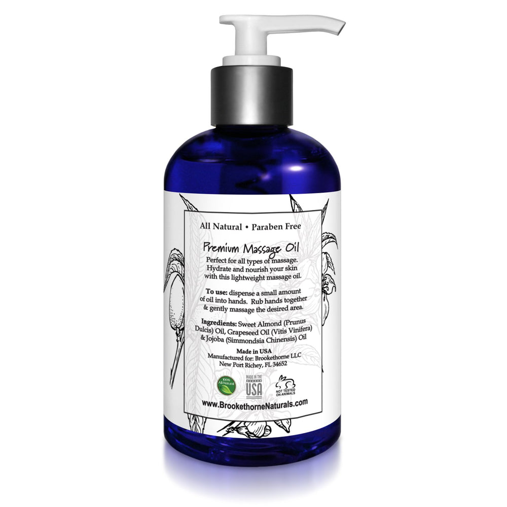 Brookethorne Naturals unscented massage oil container on bedside table for self care.