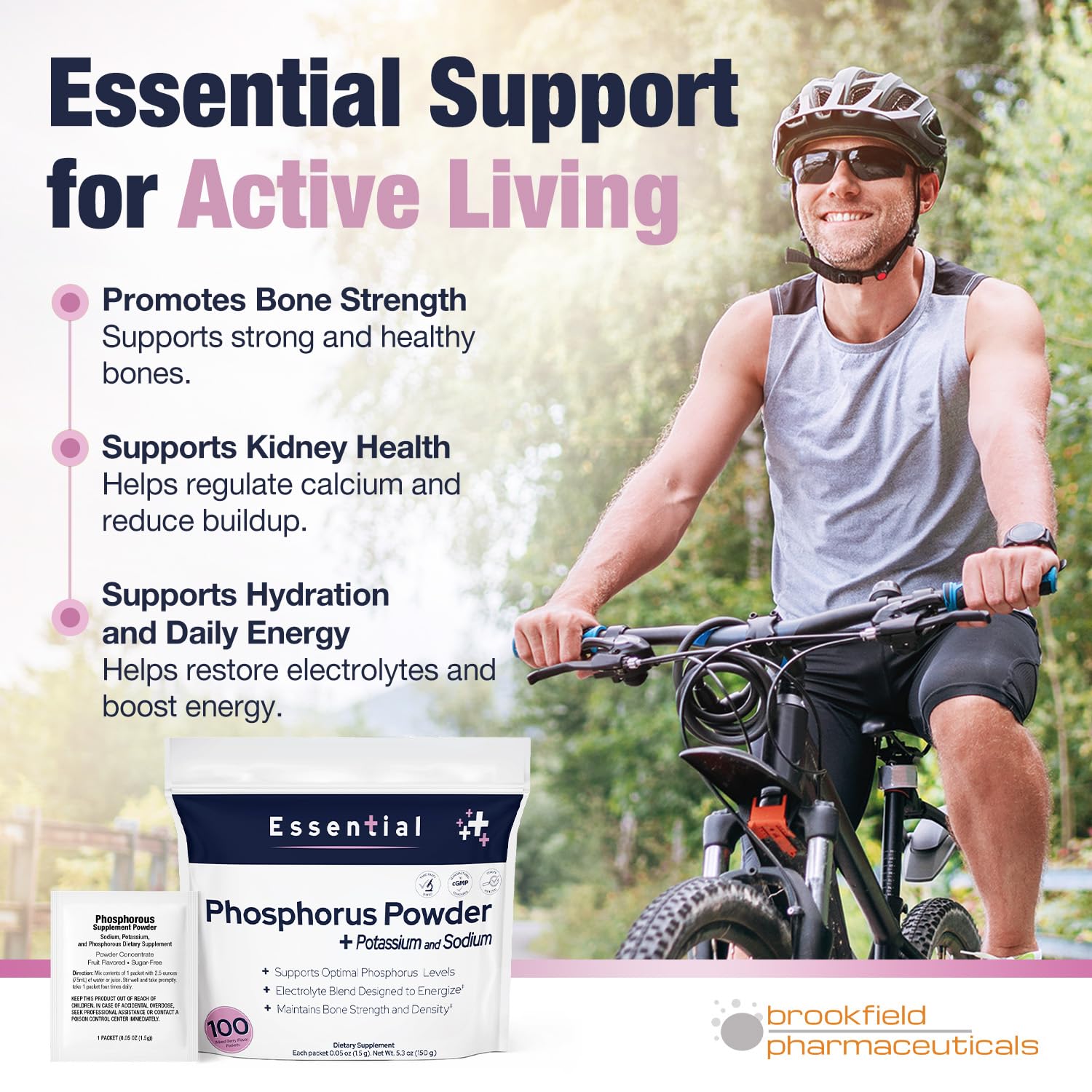 Brookfield Phosphorus powder dissolving in water for easy, flavor-rich hydration.