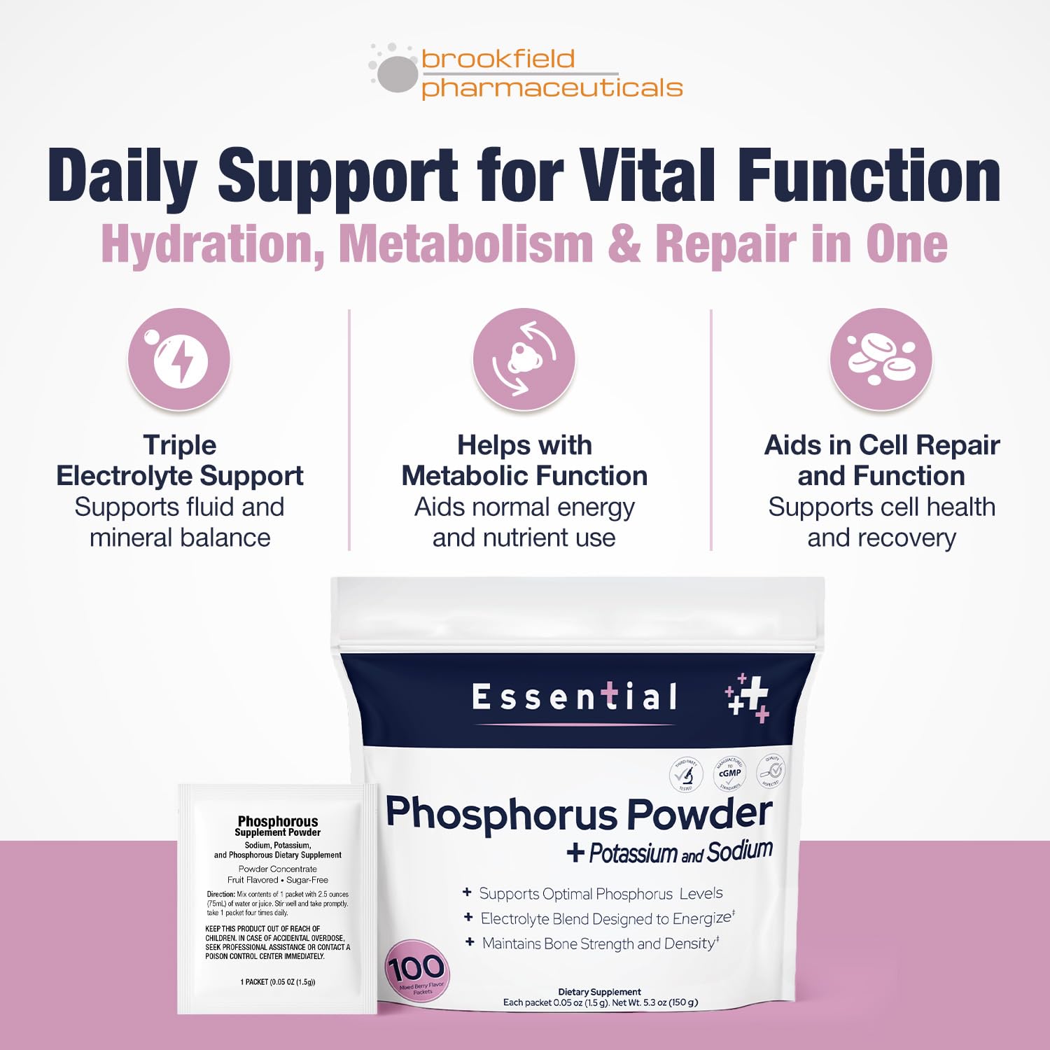 Brookfield Phosphorus ingredient panel shows sodium, potassium, and phosphorus for balanced minerals.