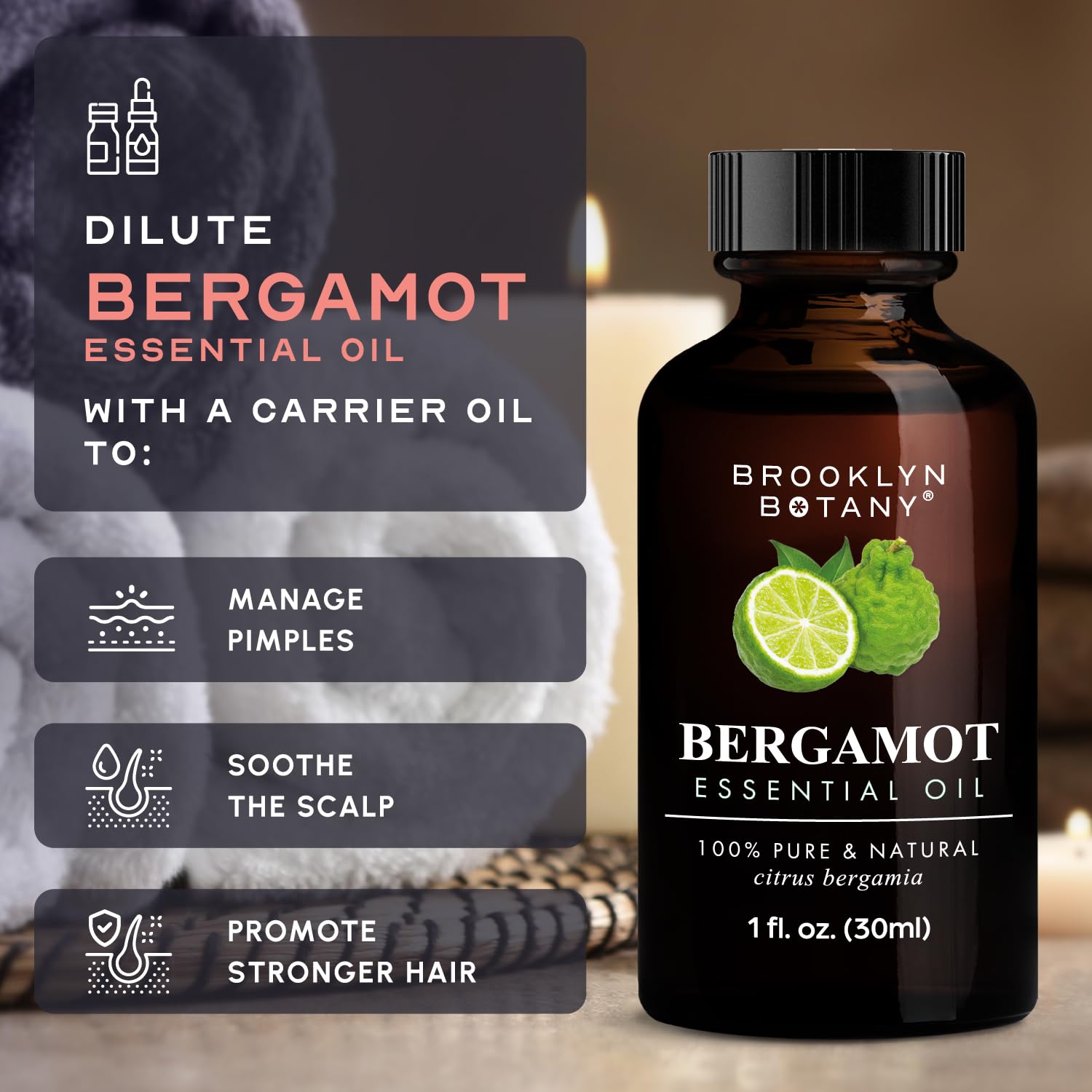 Brooklyn Botany bergamot essential oil 1 oz bottle for easy storage and use.