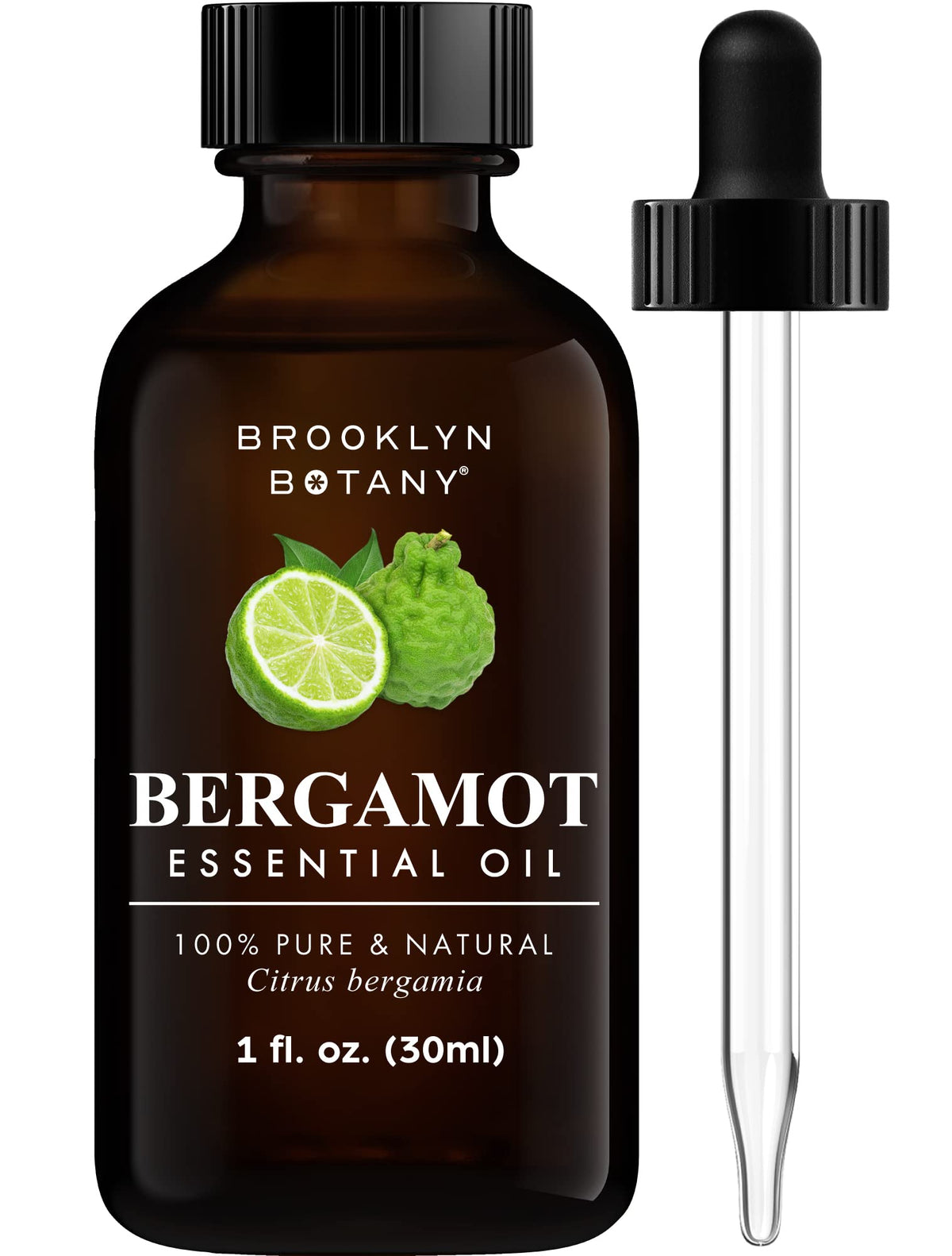 Brooklyn Botany bergamot essential oil bottle with dropper for precise aroma diffusion.