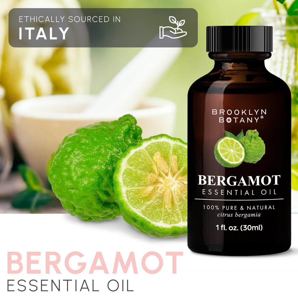 Brooklyn Botany bergamot essential oil bottles bottled in the USA for quality.