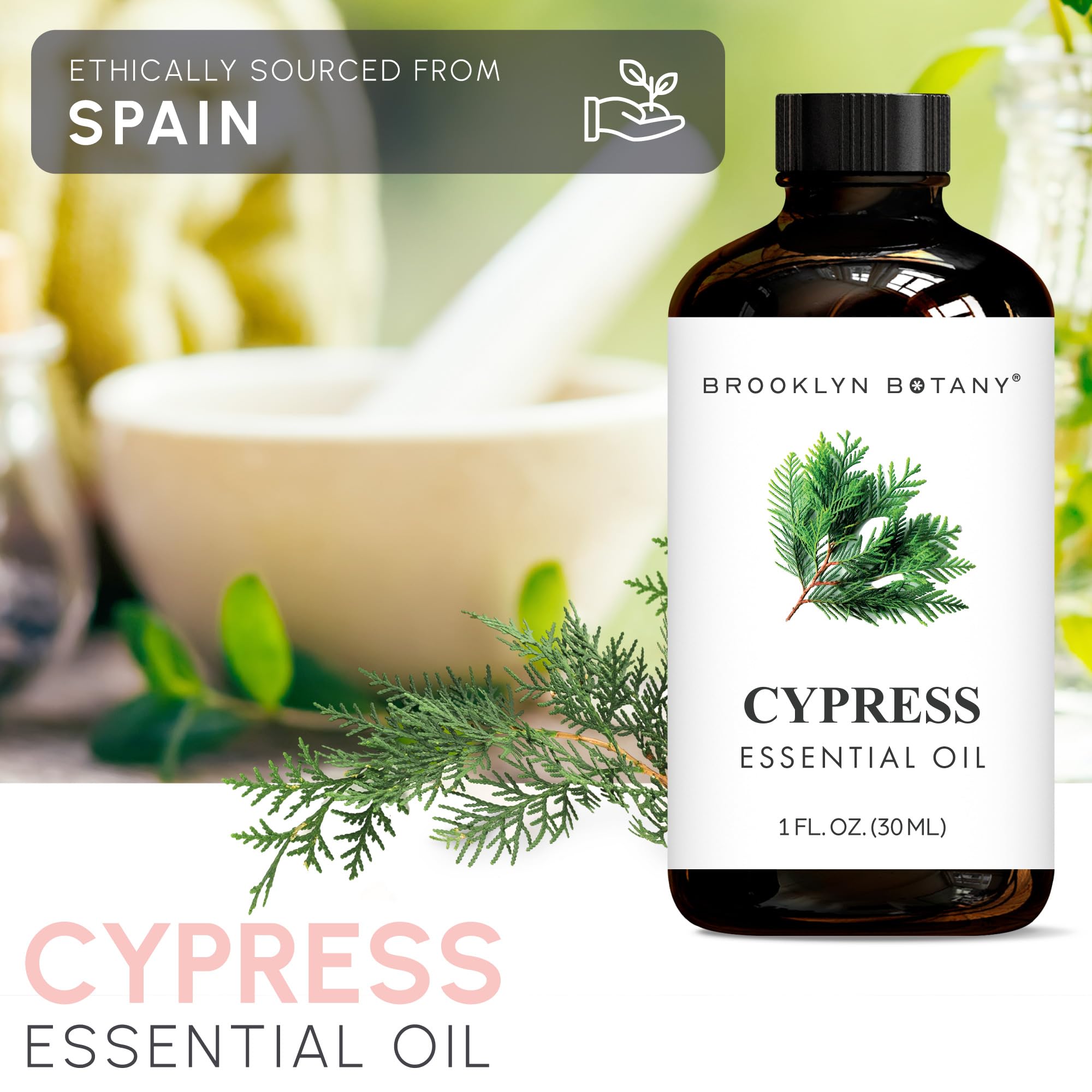Brooklyn Botany Cypress oil label close-up showing purity badge.