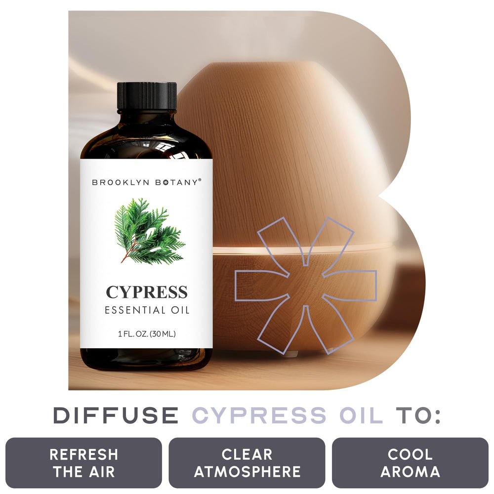 Brooklyn Botany Cypress oil being poured into a diffuser.