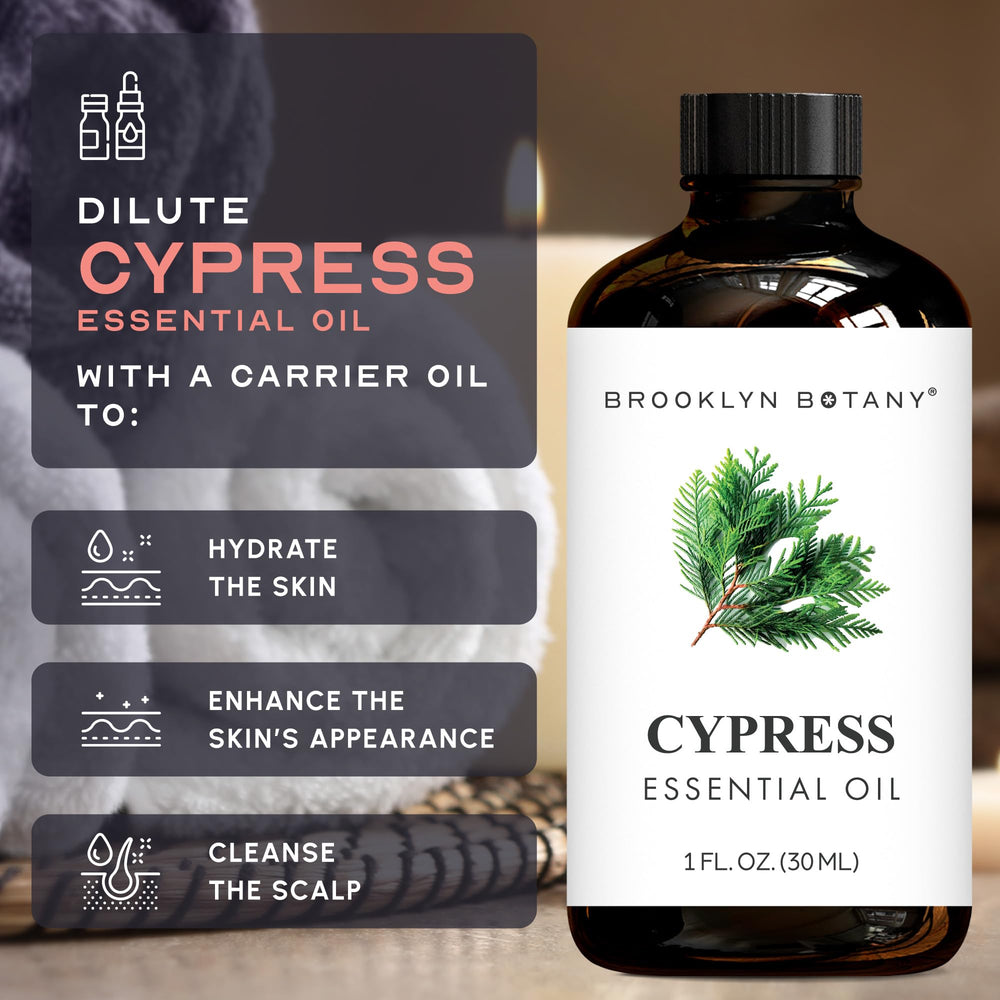 Brooklyn Botany Cypress oil bottled in the USA facility.