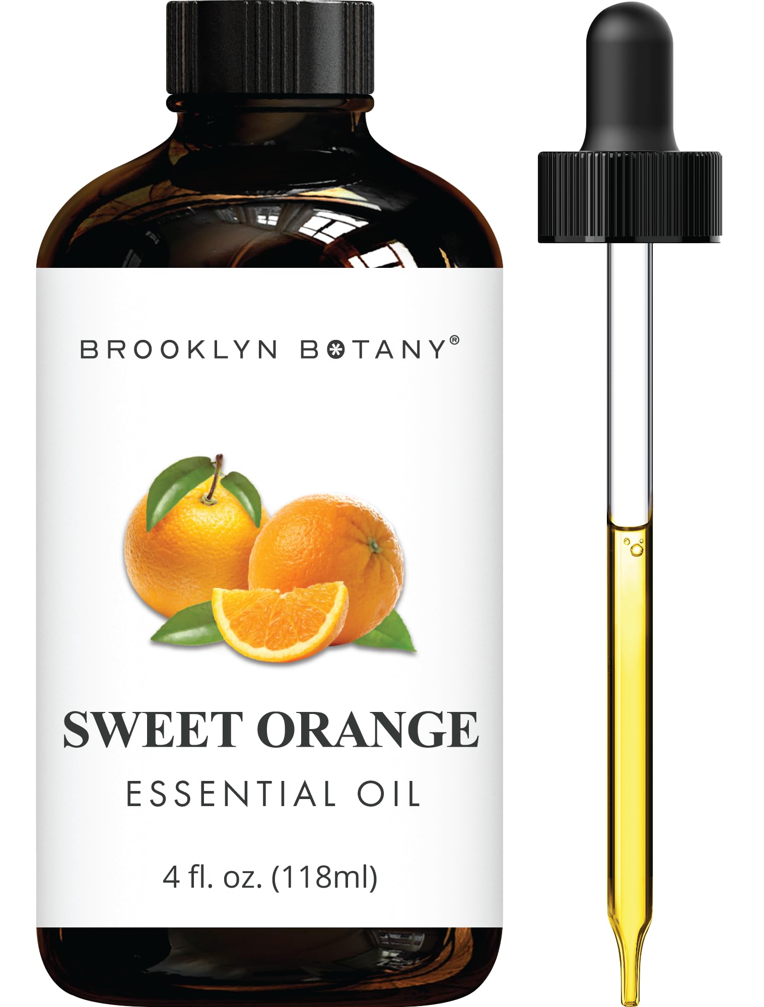 Brooklyn Botany Sweet Orange Oil in an amber bottle close-up for premium aromatherapy.