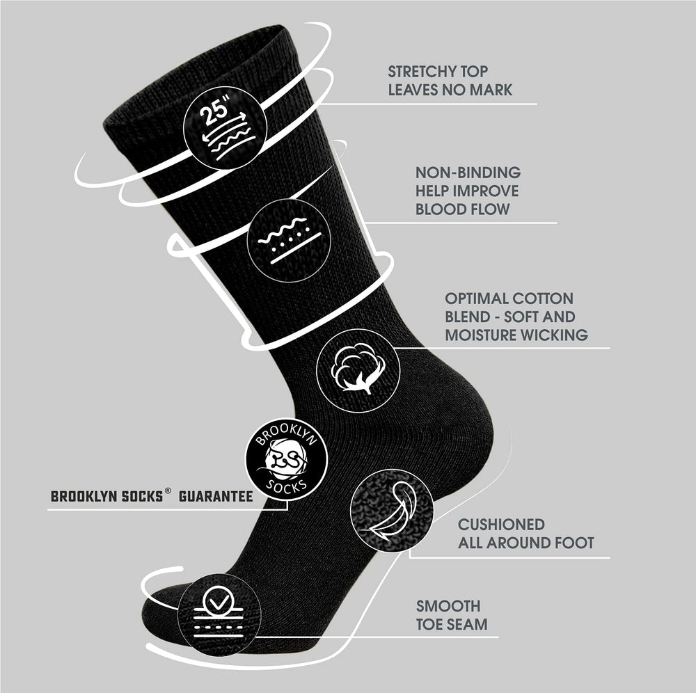 Brooklyn Socks diabetic crew socks cushioned sole, black, for extended wear.
