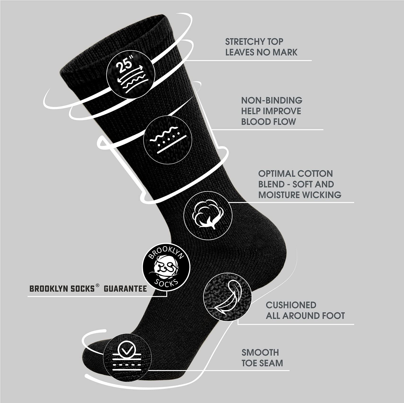 Brooklyn Socks diabetic crew socks pack side view highlights non binding easy dressing