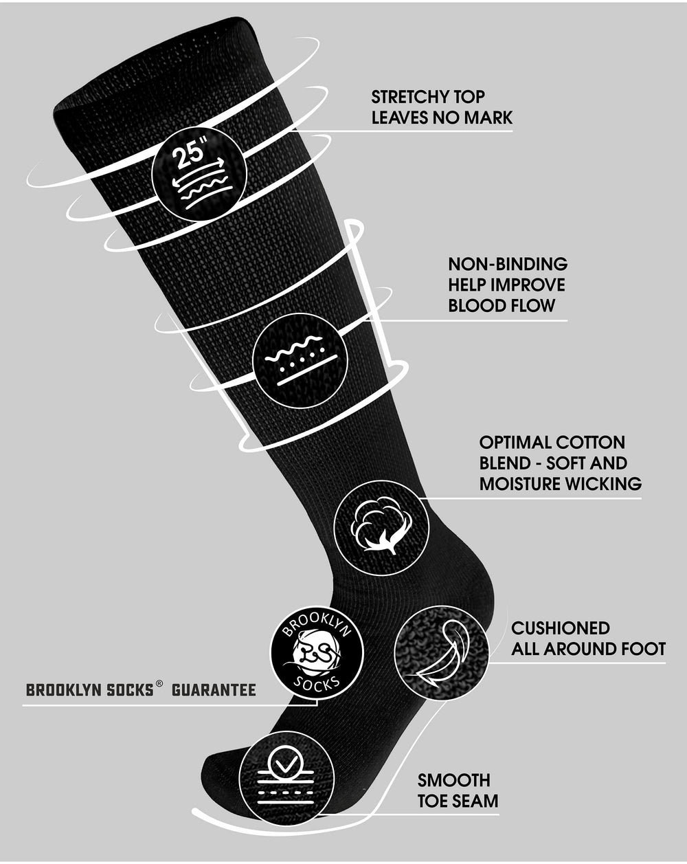 Brooklyn Socks diabetic over-the-calf black image showcases non-binding top for comfortable, secure wear