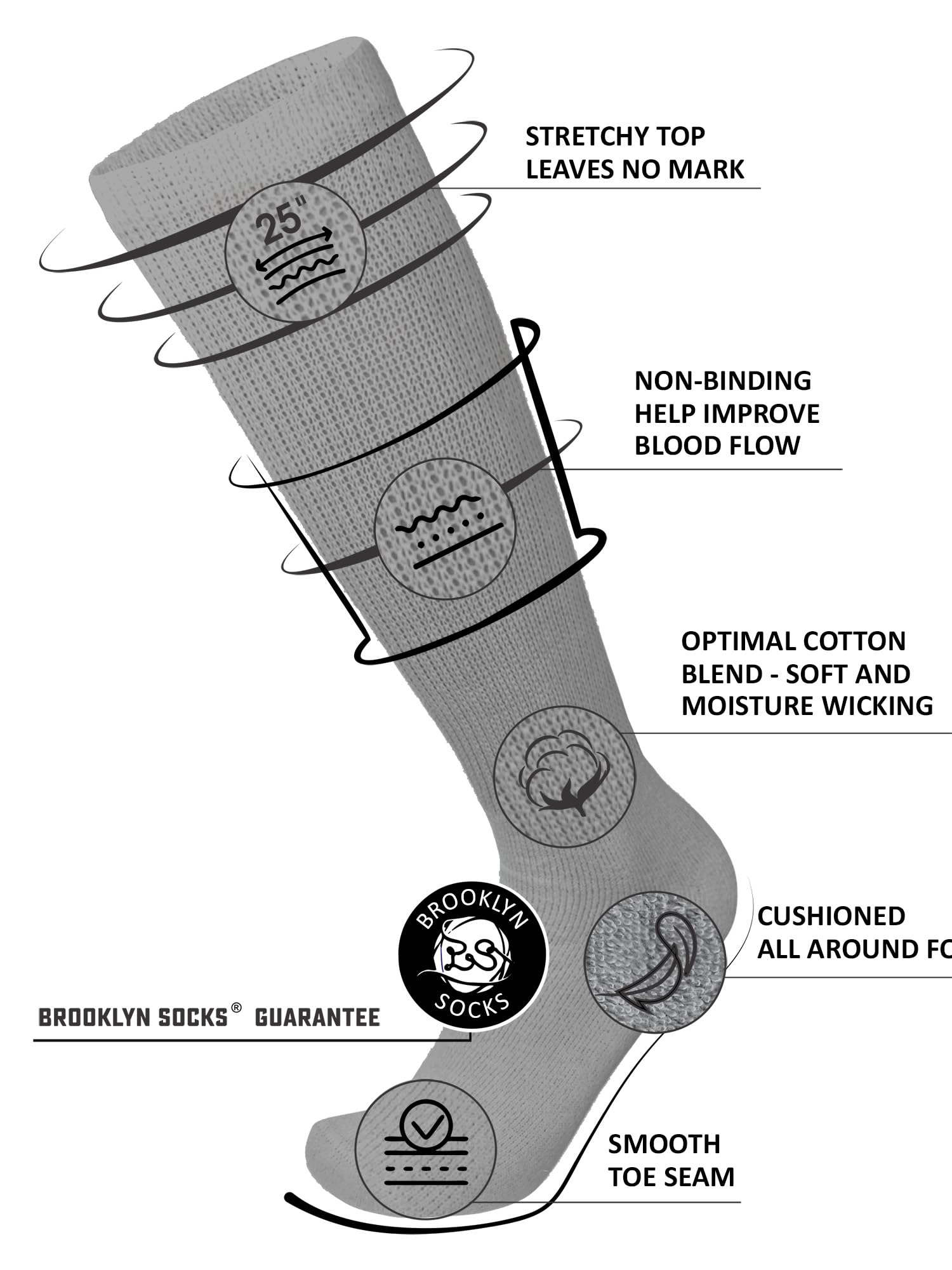 Brooklyn Socks diabetic knee-high sock gray with non-binding top for secure fit without pressure.