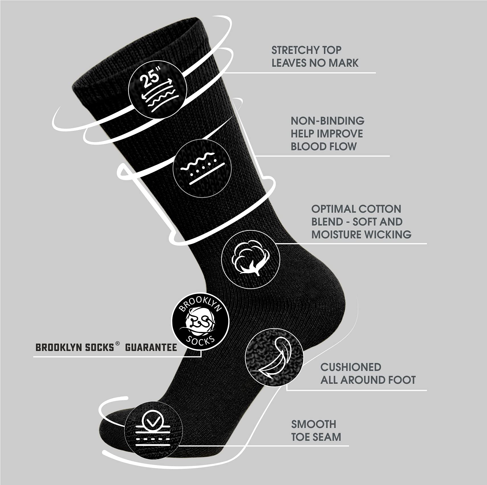 Brooklyn Socks king-size diabetic crew socks in black for easy dressing and swelling comfort.