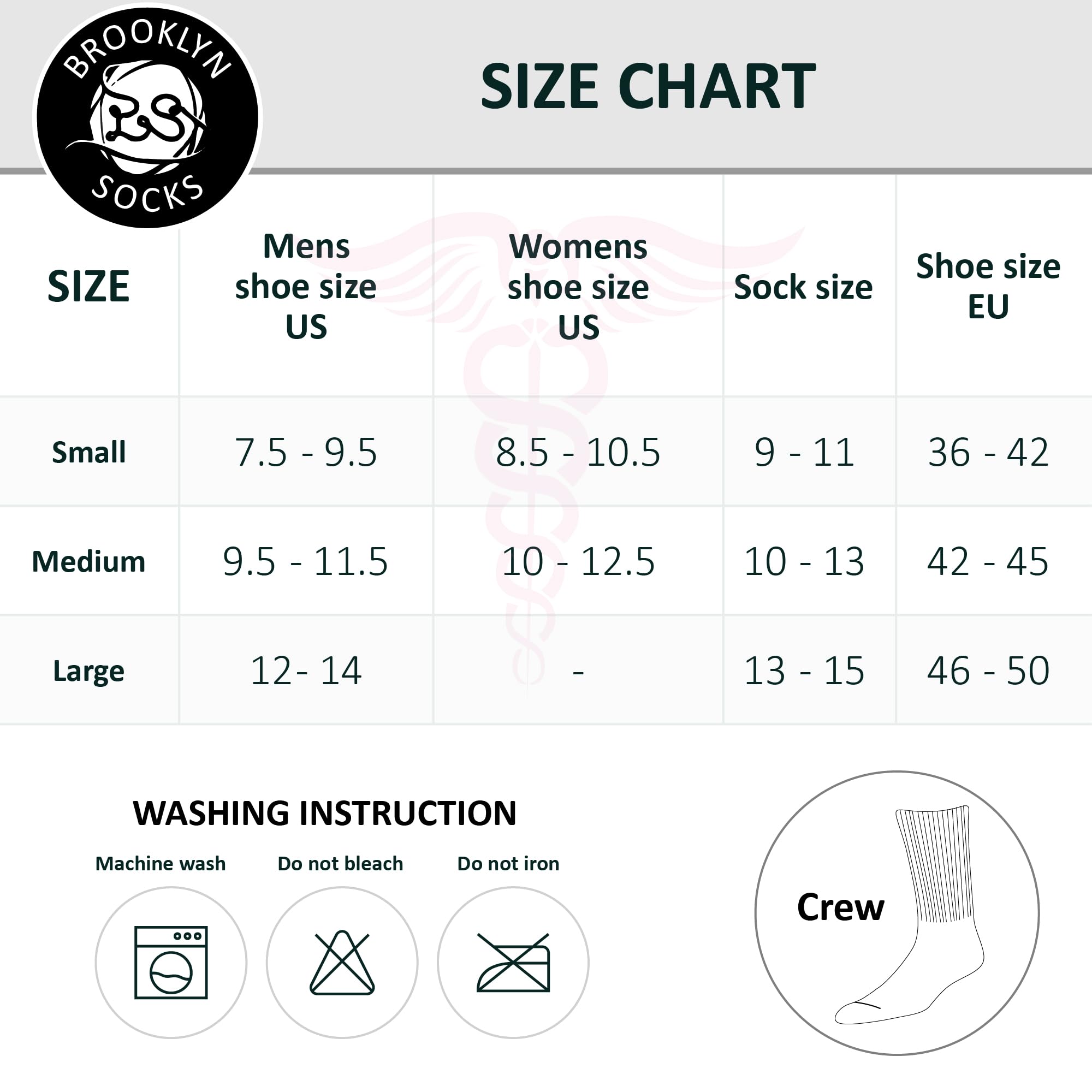 Brooklyn Socks size guide shows US Men 9–11.5 and Women 11–13.