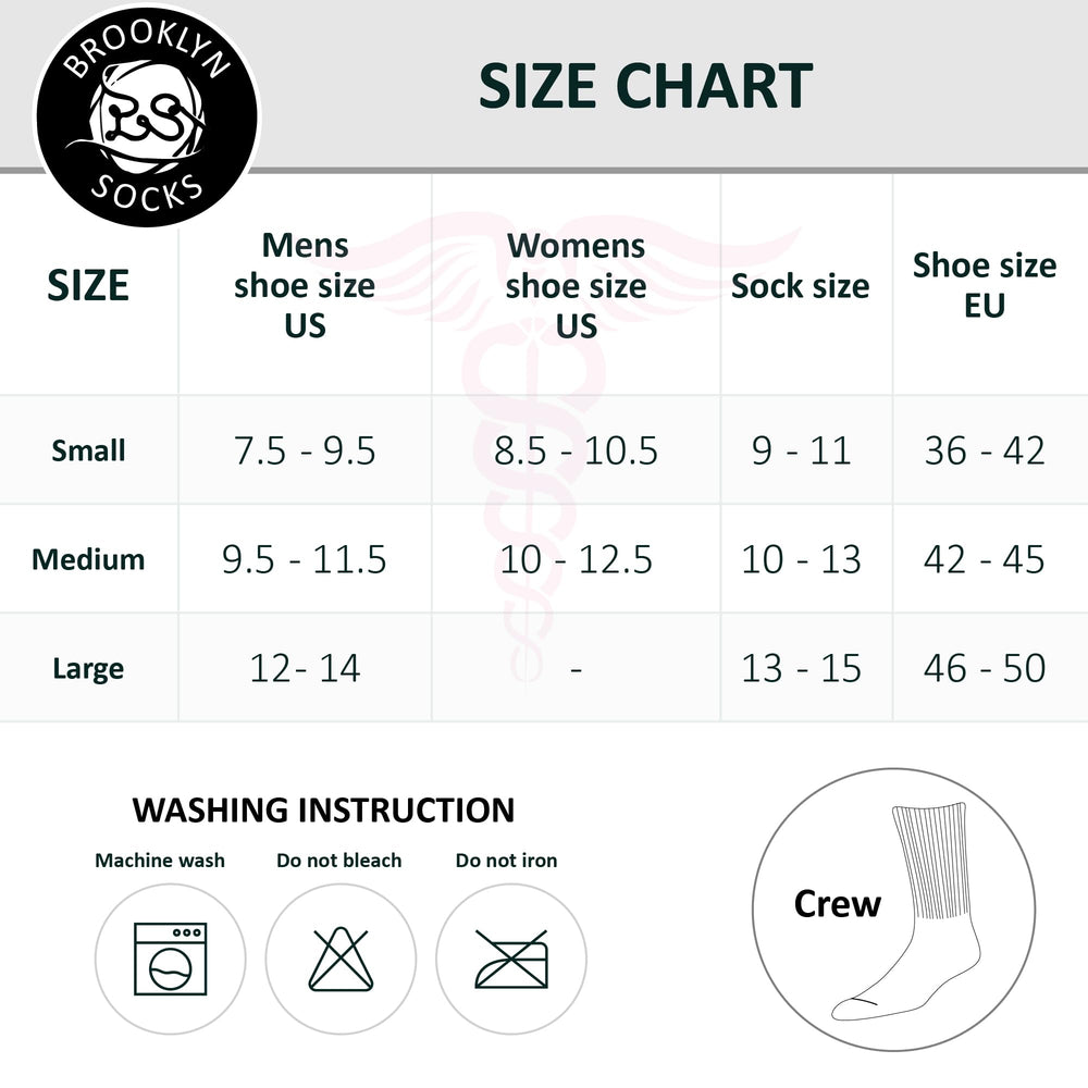 Brooklyn Socks size guide shows US Men 9–11.5 and Women 11–13.