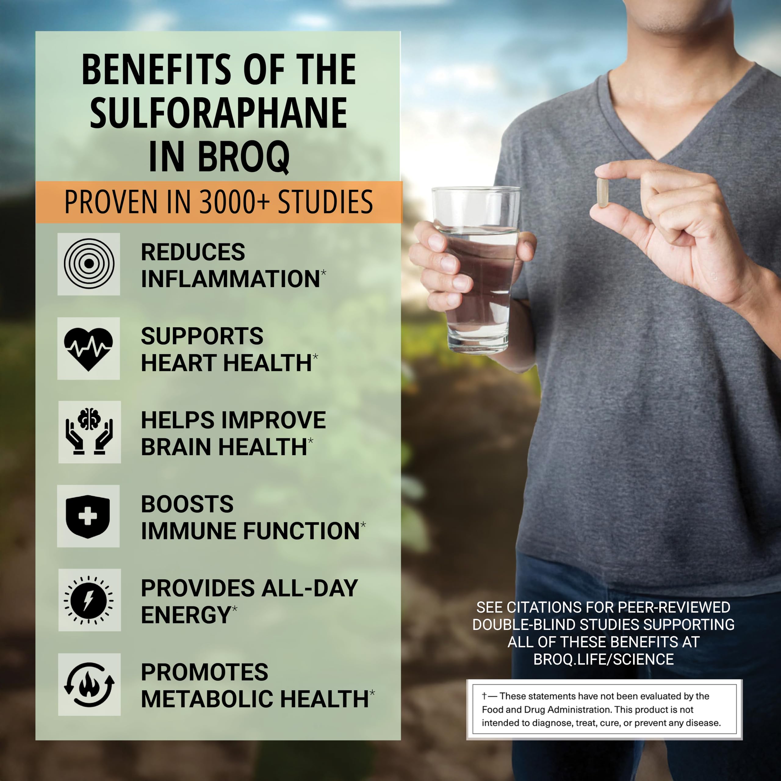 BROQ 2X Sulforaphane ingredient panel lists broccoli extract.