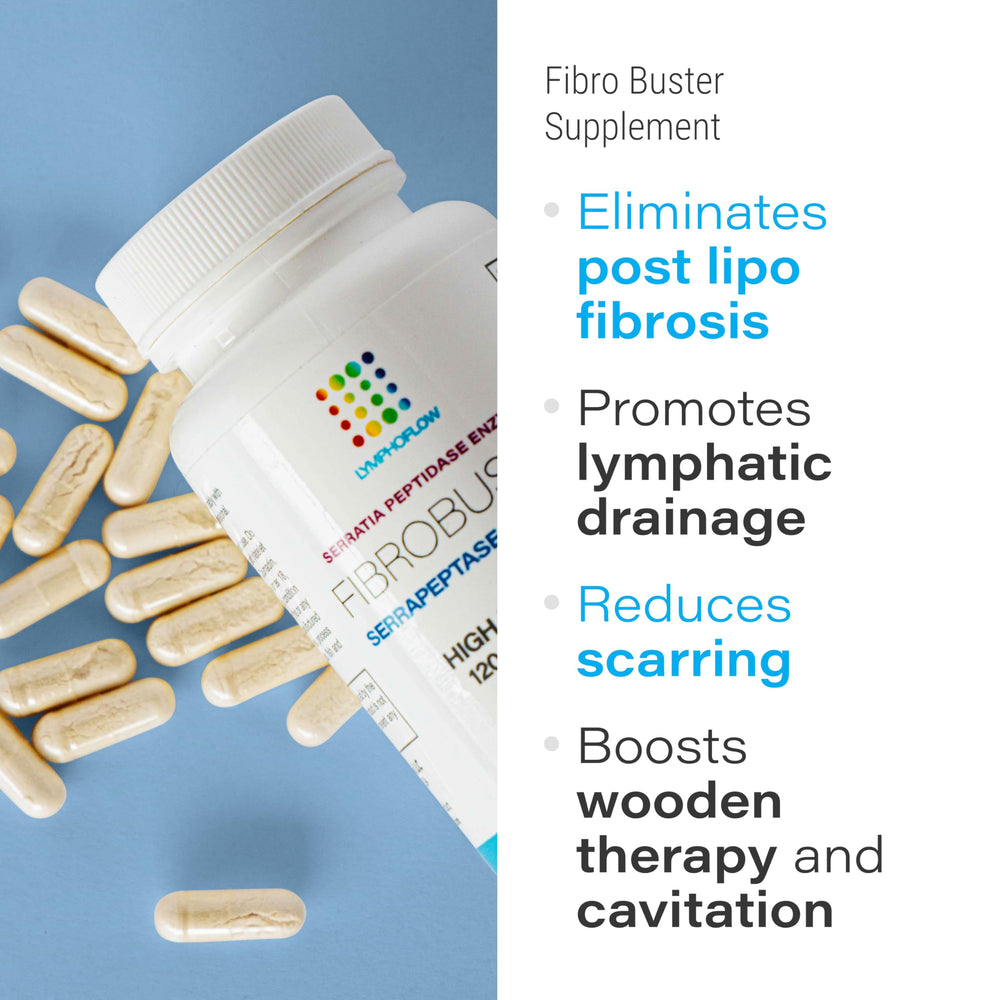 Bruizex FibroBuster capsules close-up highlighting proteolytic enzymes and scar care.