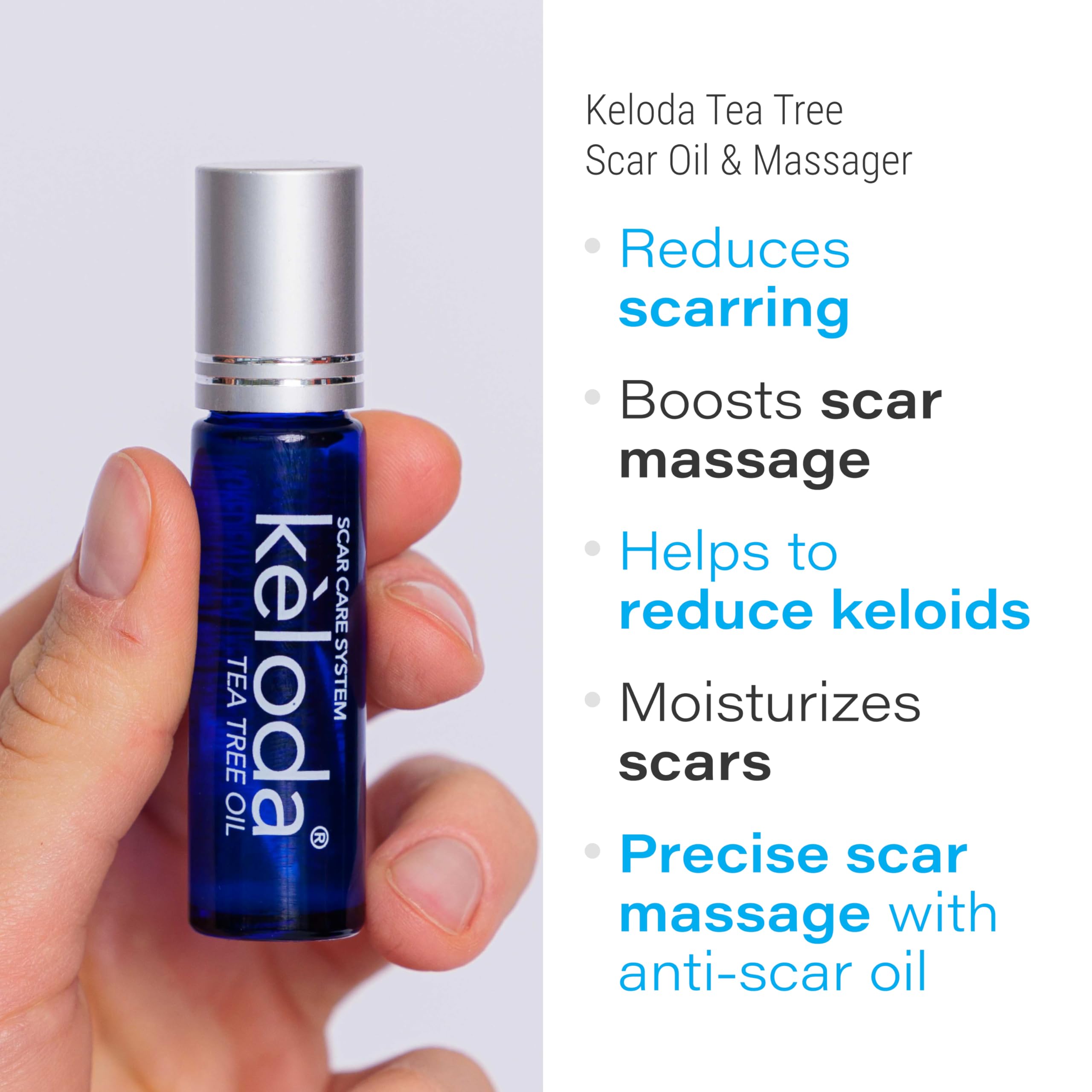 Bruizex Keloda Tea Tree Oil bottle highlighting natural ingredients for scar care.