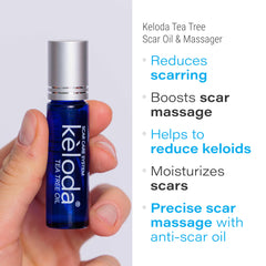 Bruizex Keloda Tea Tree Oil bottle highlighting natural ingredients for scar care.
