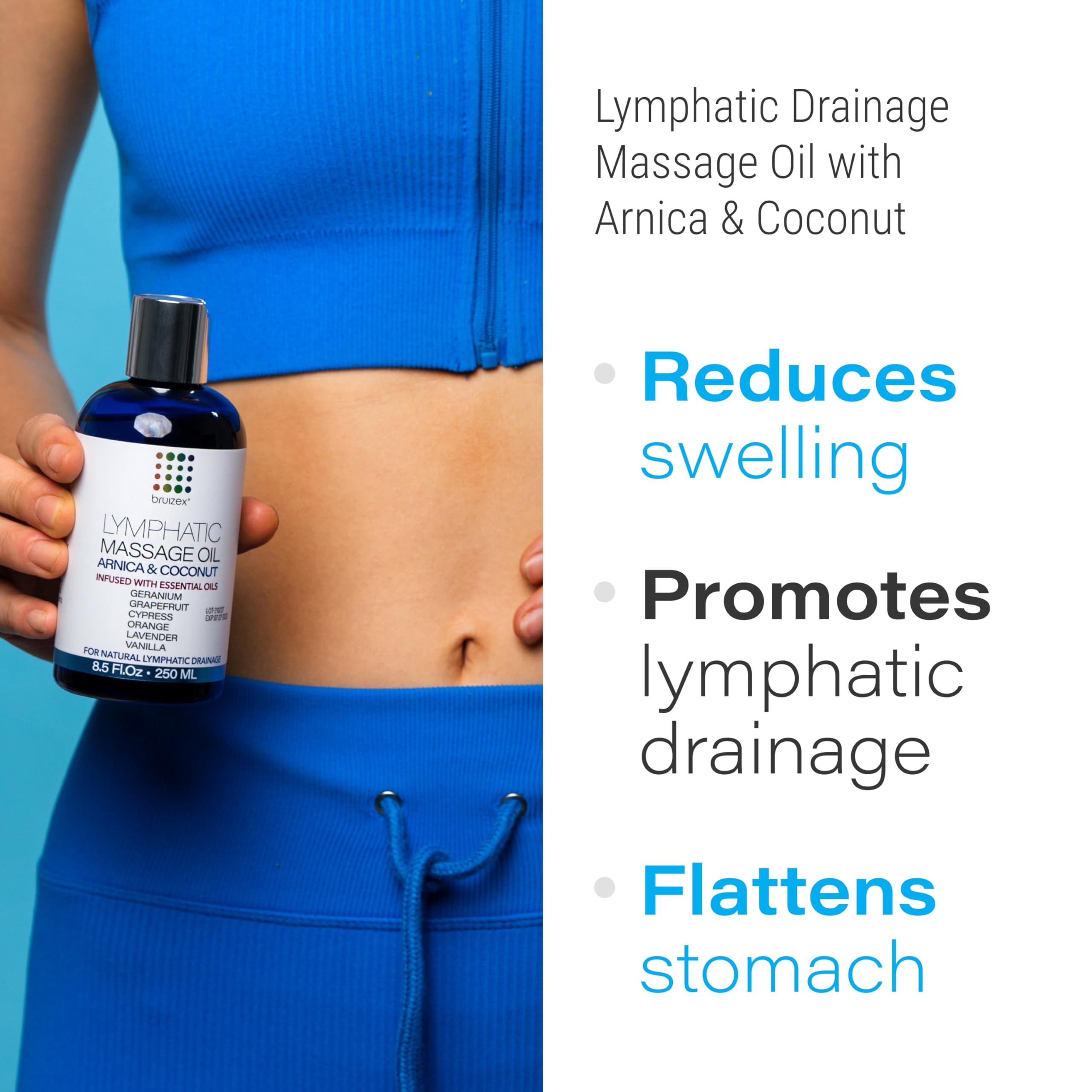 Bruizex oil applied to abdomen for gentle lymphatic massage and swelling support.