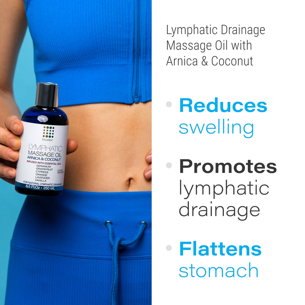 Bruizex oil applied to abdomen for gentle lymphatic massage and swelling support.