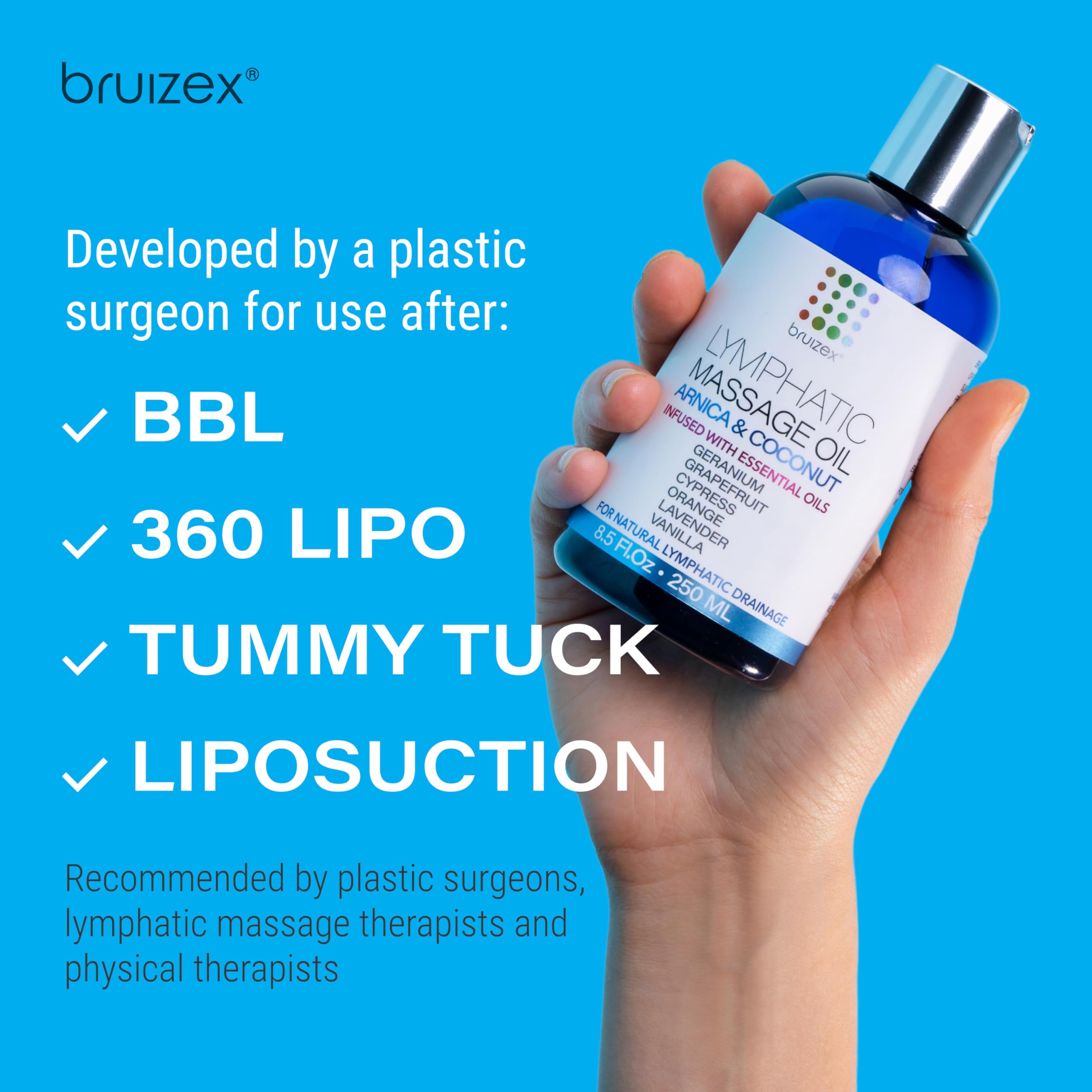 Bruizex oil with massage tools for enhanced lymphatic drainage during recovery.